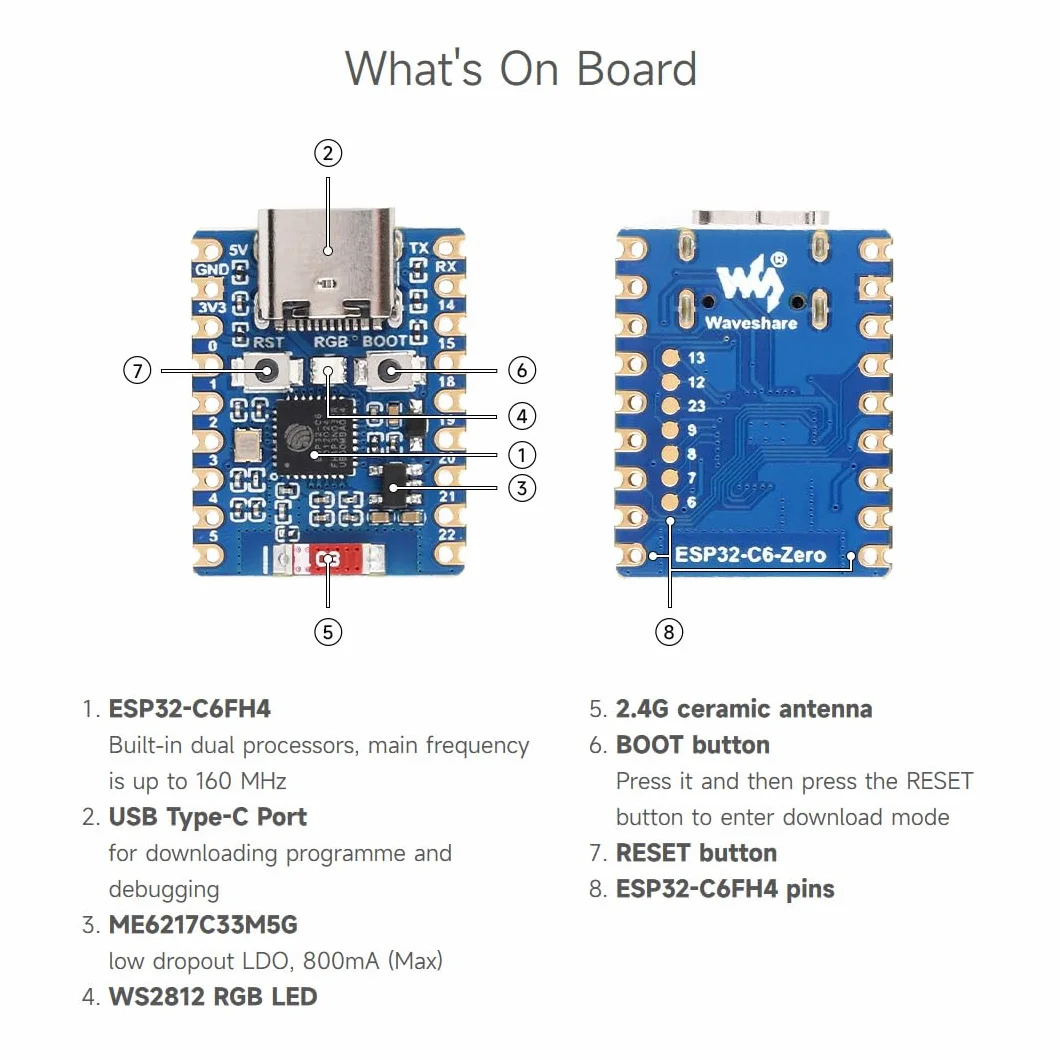Waveshare ESP32-C6-Zero ESP32-C6 Mini Development Board 2 PCS Based on ESP32-C6FH8 Dual Processors 160MHz 2.4GHz WiFi 6 BT5