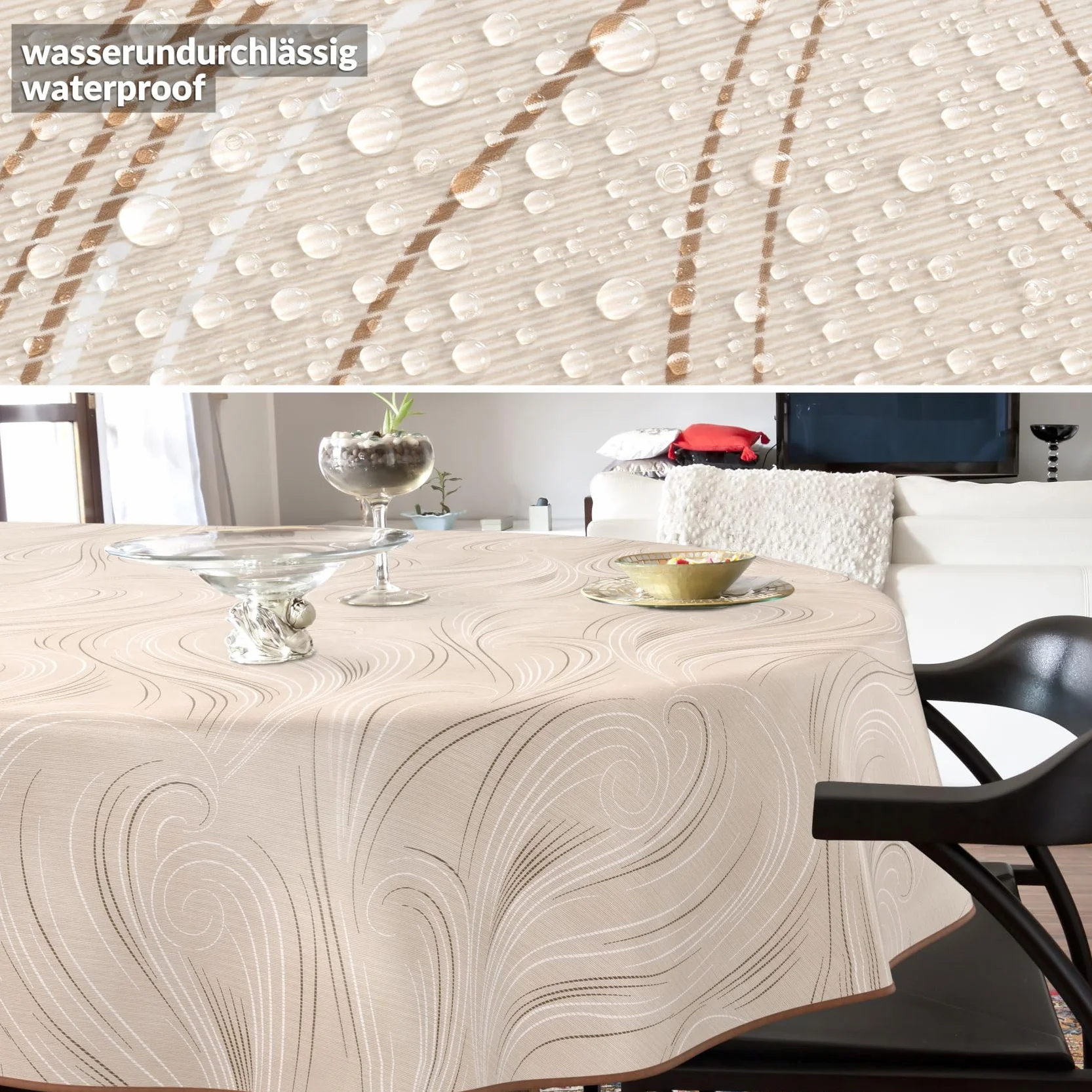 ANRO Nappe de Table en Toile cirée Lavable Ovale 180 x 140 cm Motif Abstrait Beige