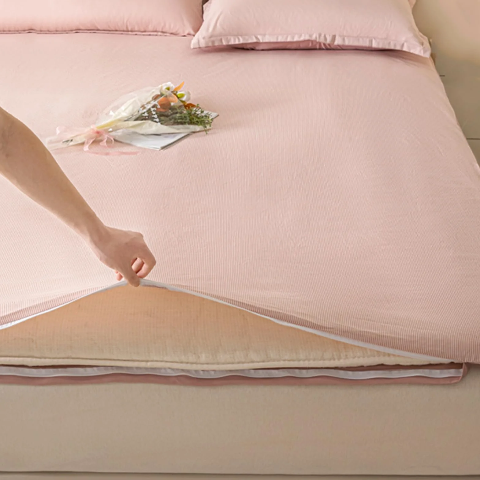 Rayé Couvre Matelas avec Fermeture Éclair 150x200cm Housse de Protection pour Futon Lavable en Machine