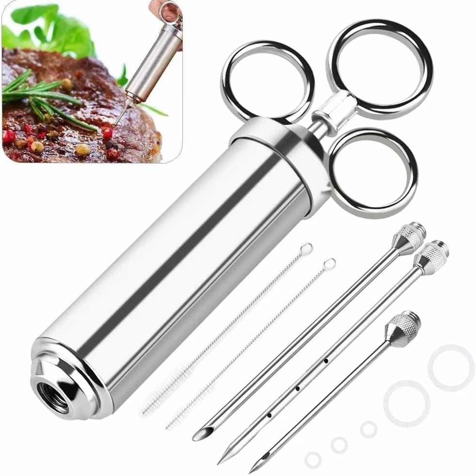 Extsud Seringue à Marinade 60ml en Acier Inox 304 Injecteur Alimentaire avec 3 Aiguilles