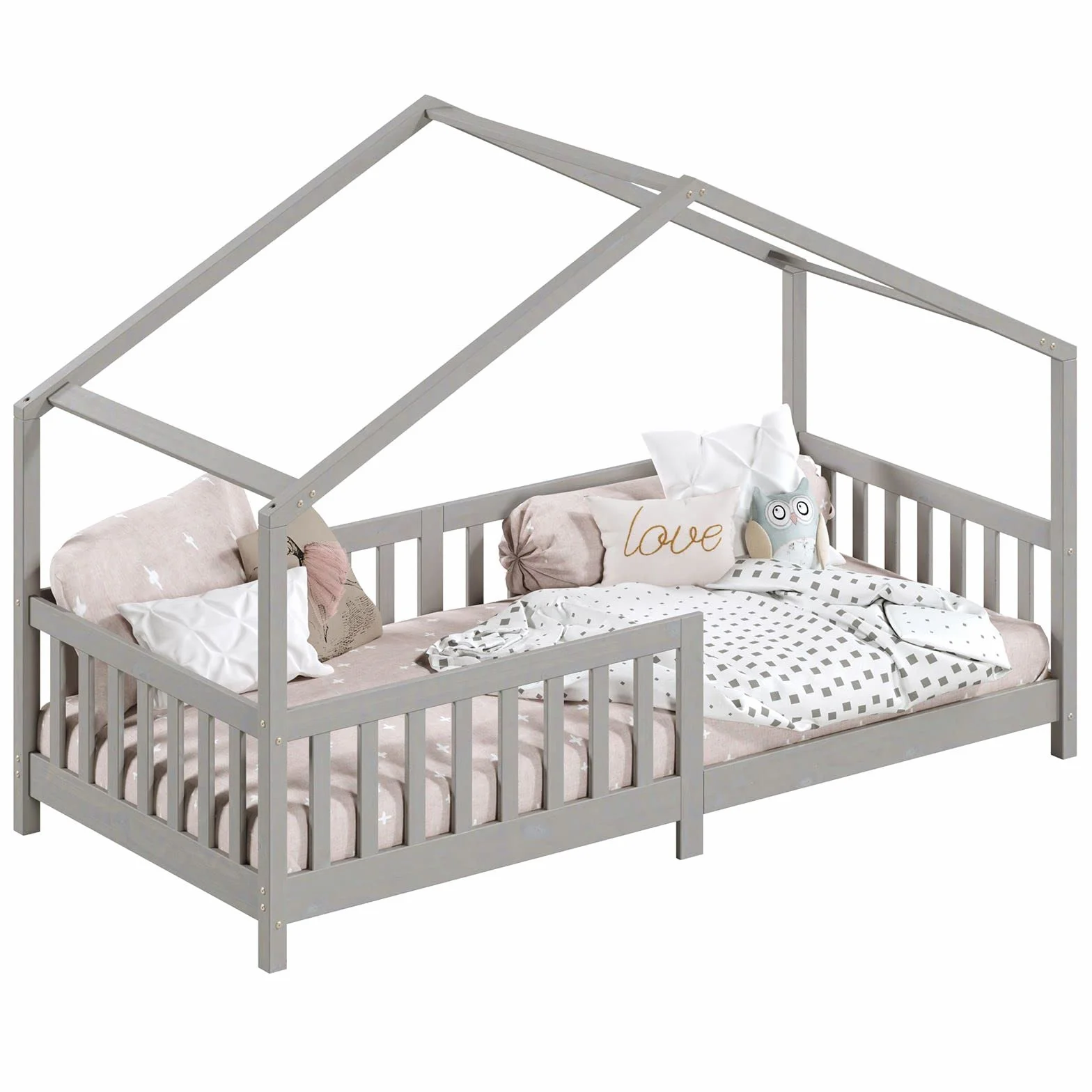 IDIMEX Lit cabane Enfant 90x190 cm LISAN lit Simple Montessori avec Barrières de Protection en Bois Massif lasuré Gris