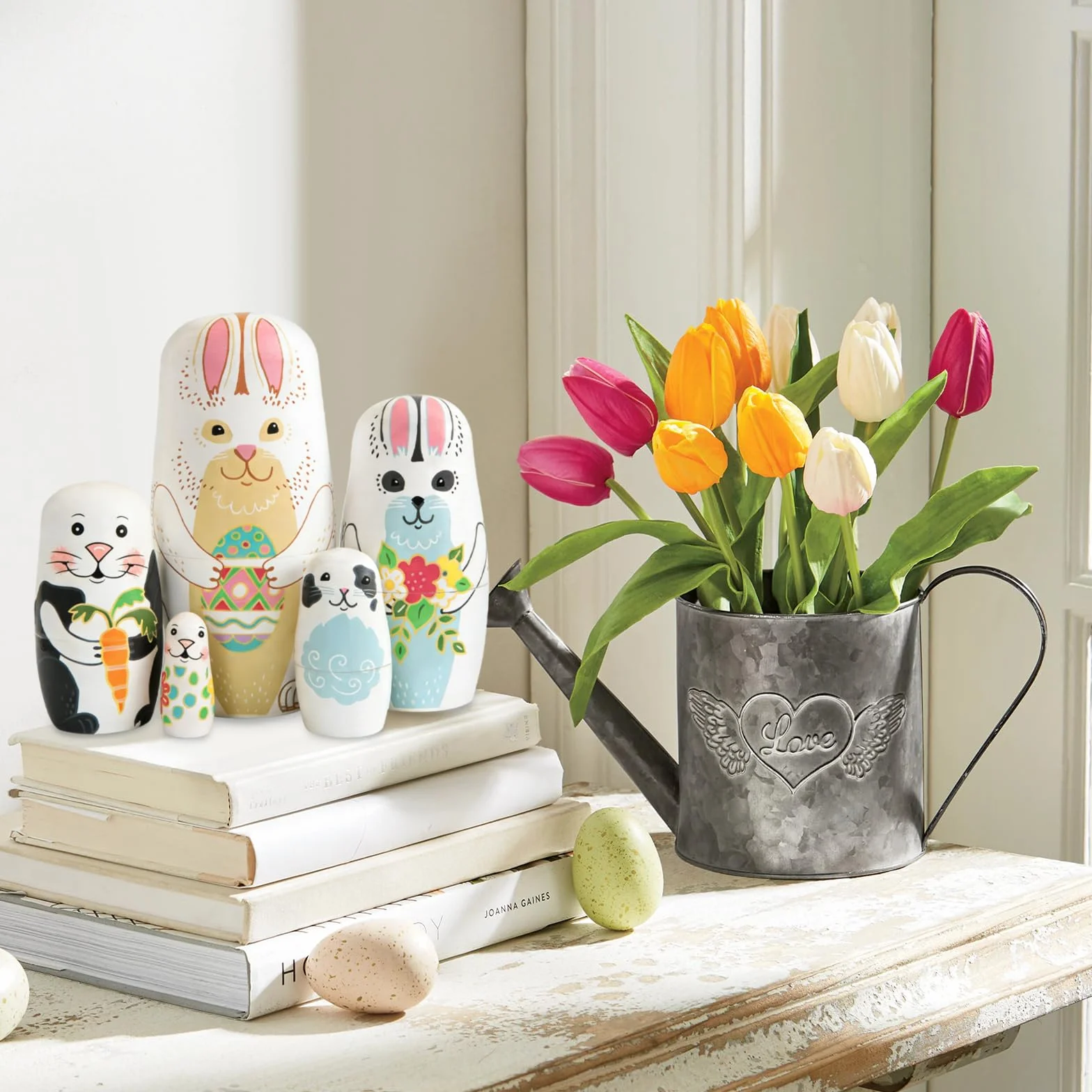 Boerni Lot de 5 poupées gigognes en bois lapin blanc matriochka babushka décoration Pâques Noël