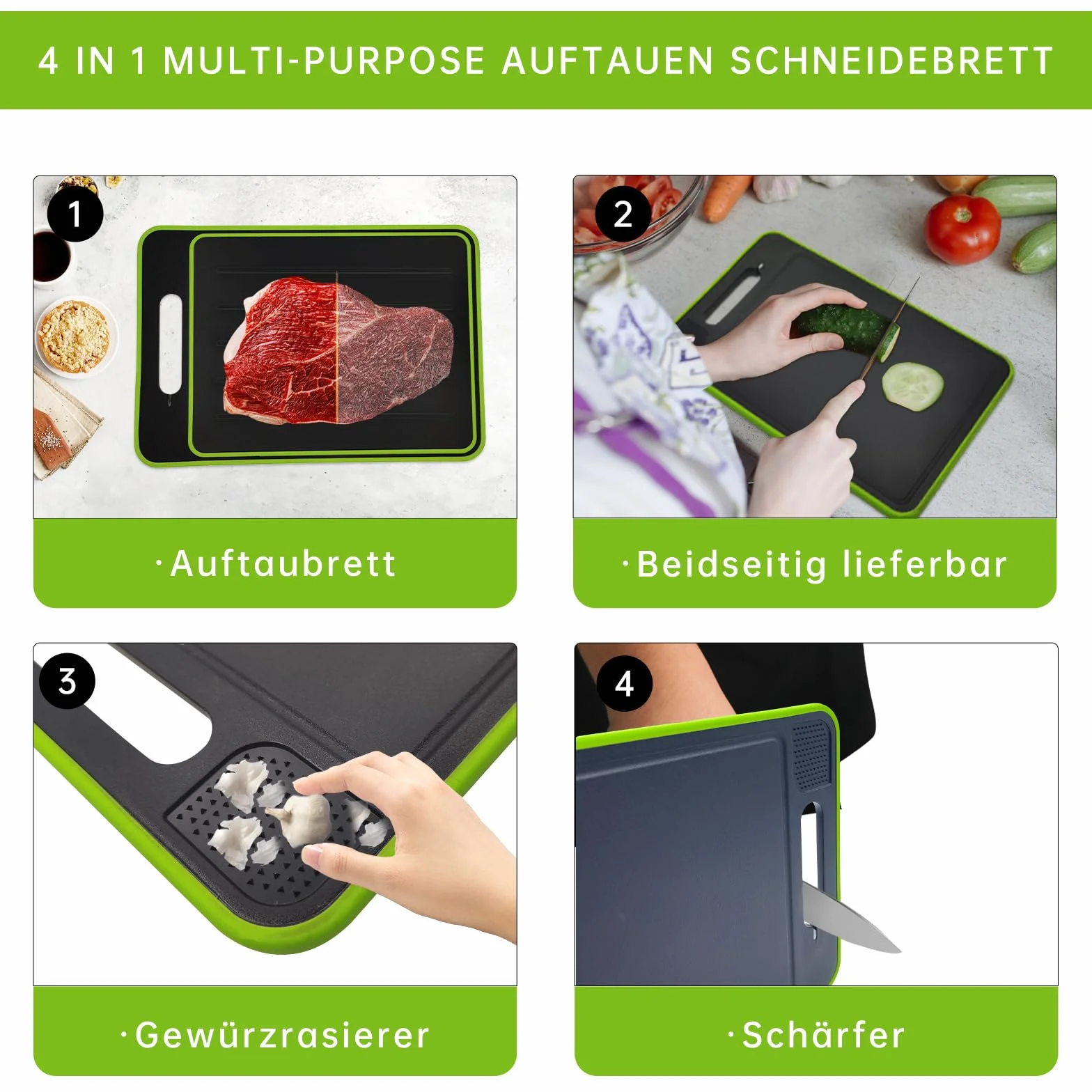 Planche à décongeler 4 en 1 Gadgets de Cuisine Pratiques, 3 x Décongélation Rapide, Planche à découper multifonctionnelle, avec Moulin à Couteaux et ail intégré