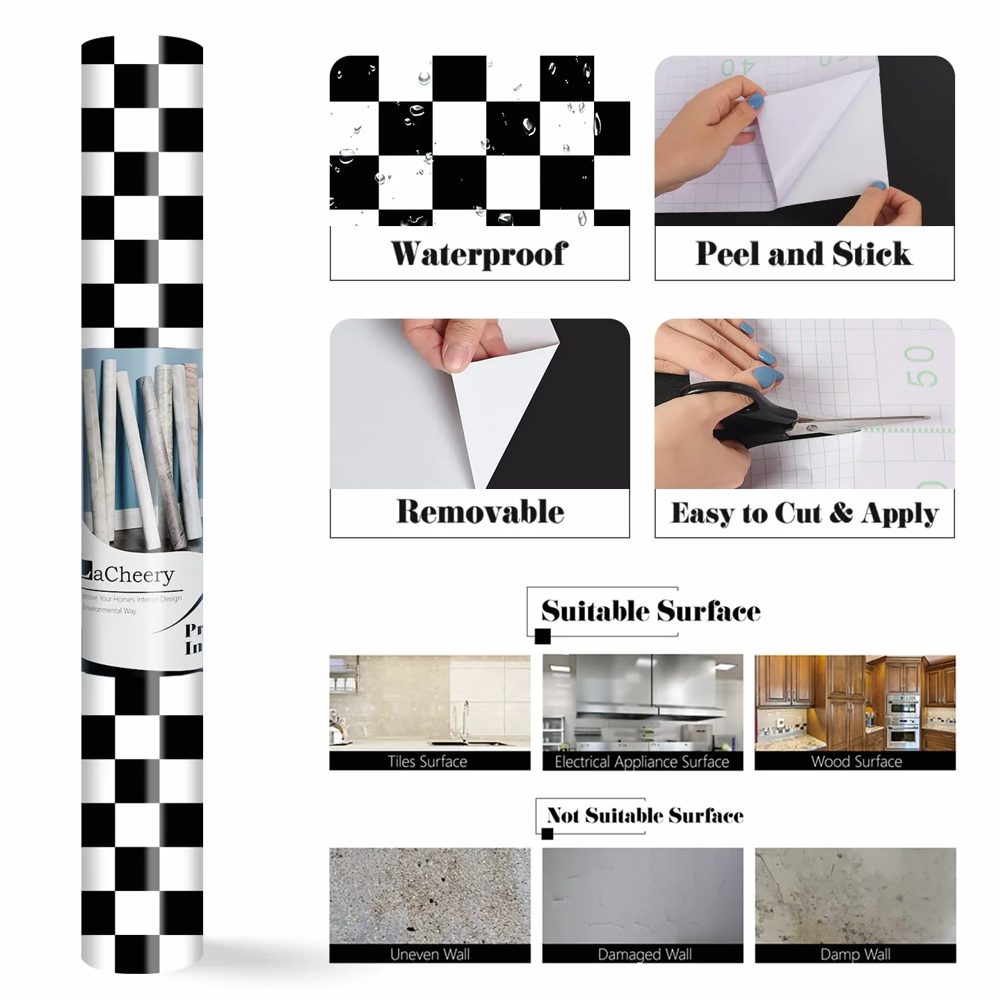 LACHEERY Papier Adhesif Meuble Noir Blanc Geometrique 40cm x 200cm Vinyle Imperméable Sticker Porte