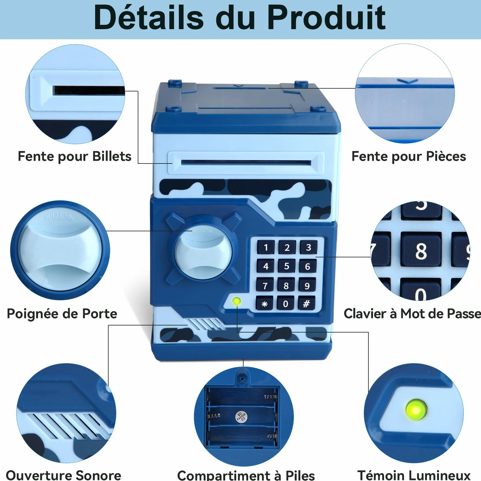 Tirelire Électronique ATM pour Enfants 3+ Coffre-Fort à Code Pièces Billets Grande Capacité Papier Défilement Automatique Bleu