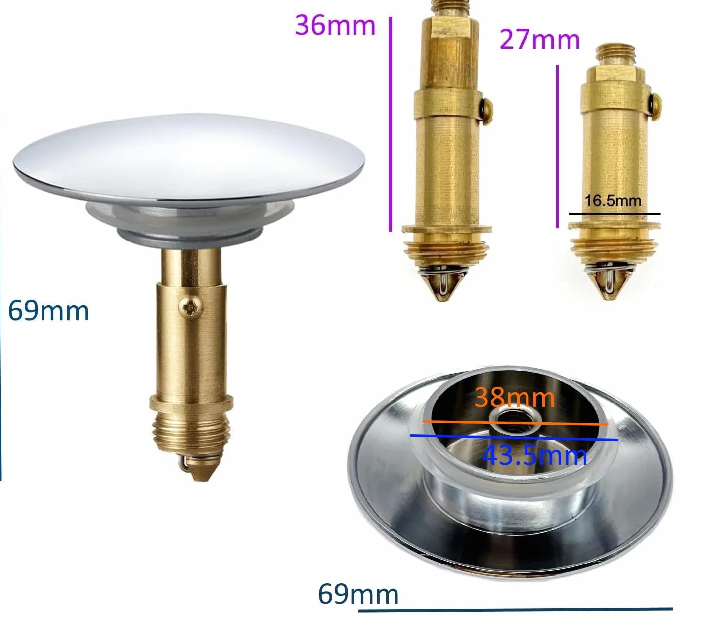 Bouchon Pop-up de Baignoire Argenté 69mm en Métal Chromé, Clique-Clac à Ressort