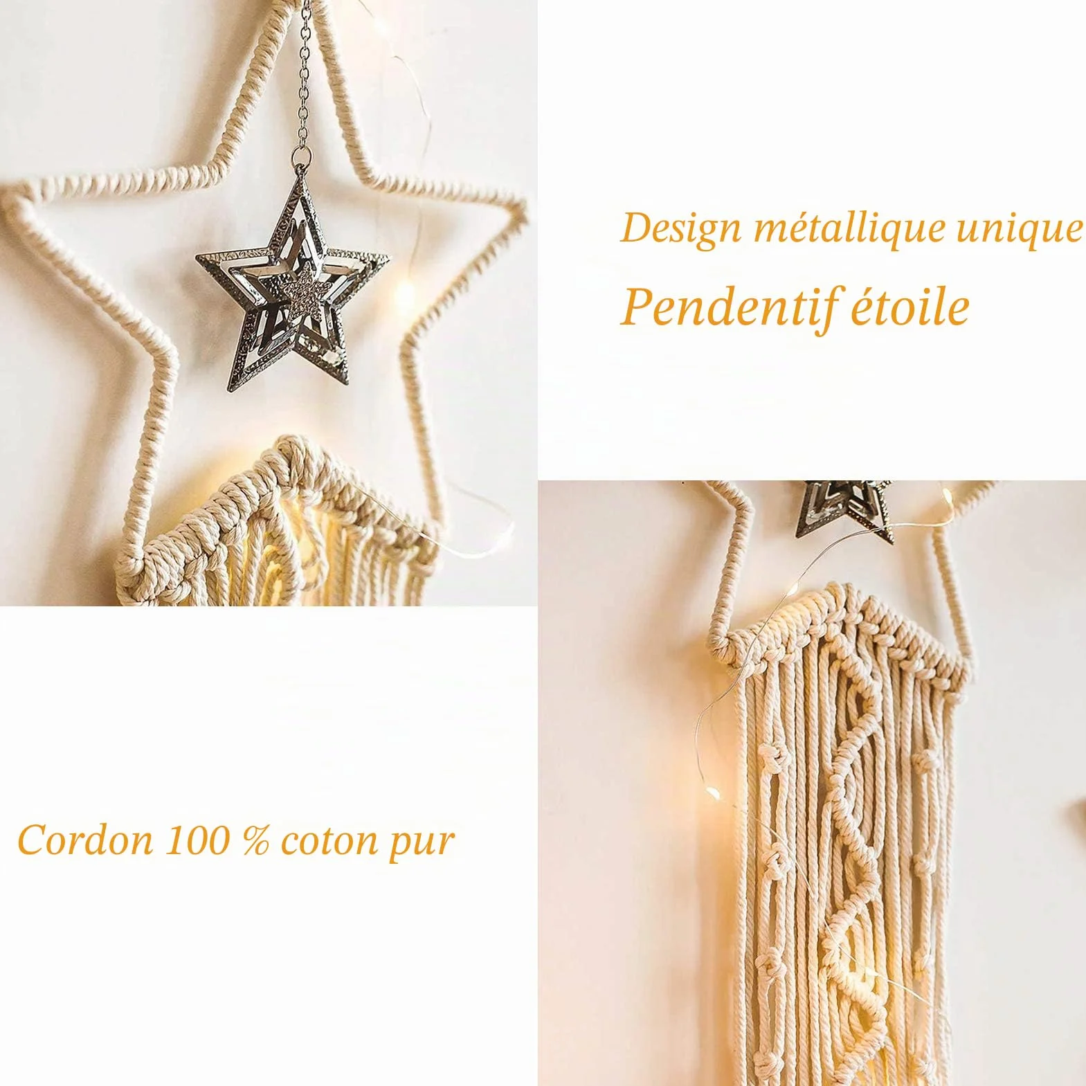 Macrame Attrape Reve avec LED String Light Macrame Mural Decoration Boheme Faite Main Lune Etoile Cadeau DIY Chambre