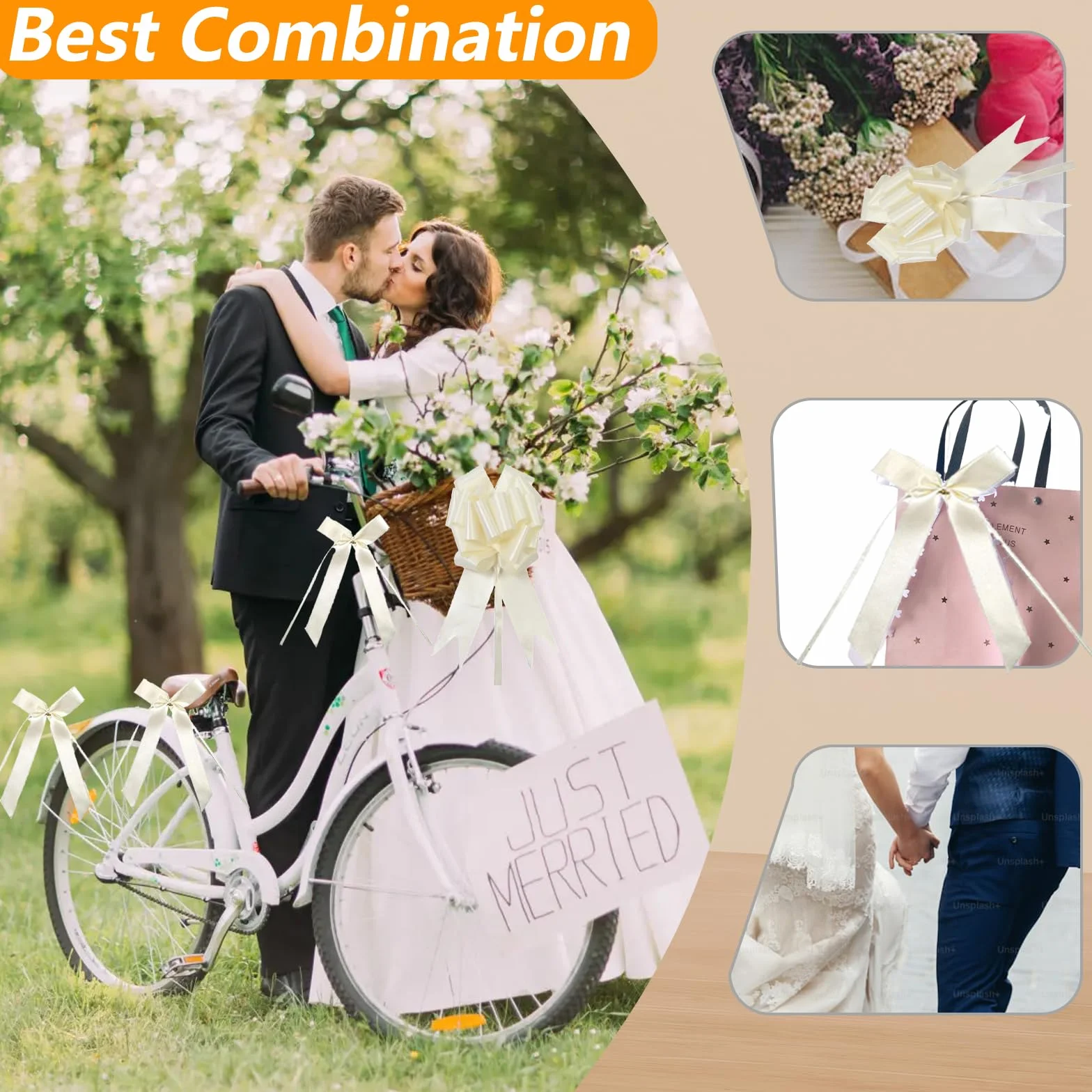 80 Pcs Decoration Voiture Mariage Beige Ruban Noeud