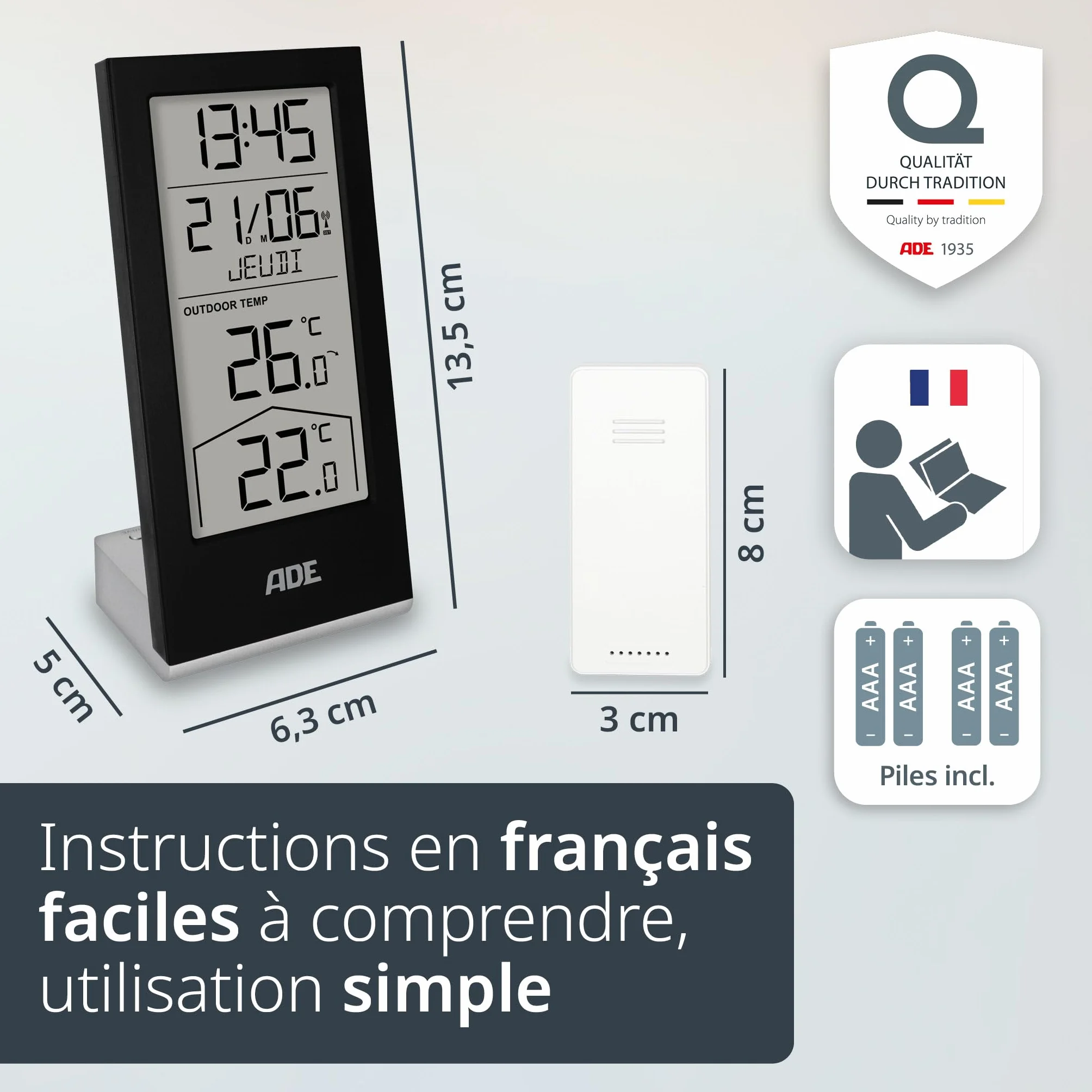Station météo numérique sans fil ADE avec capteur extérieur, thermomètre intérieur et extérieur, horloge radio pilotée, calendrier numérique, noir