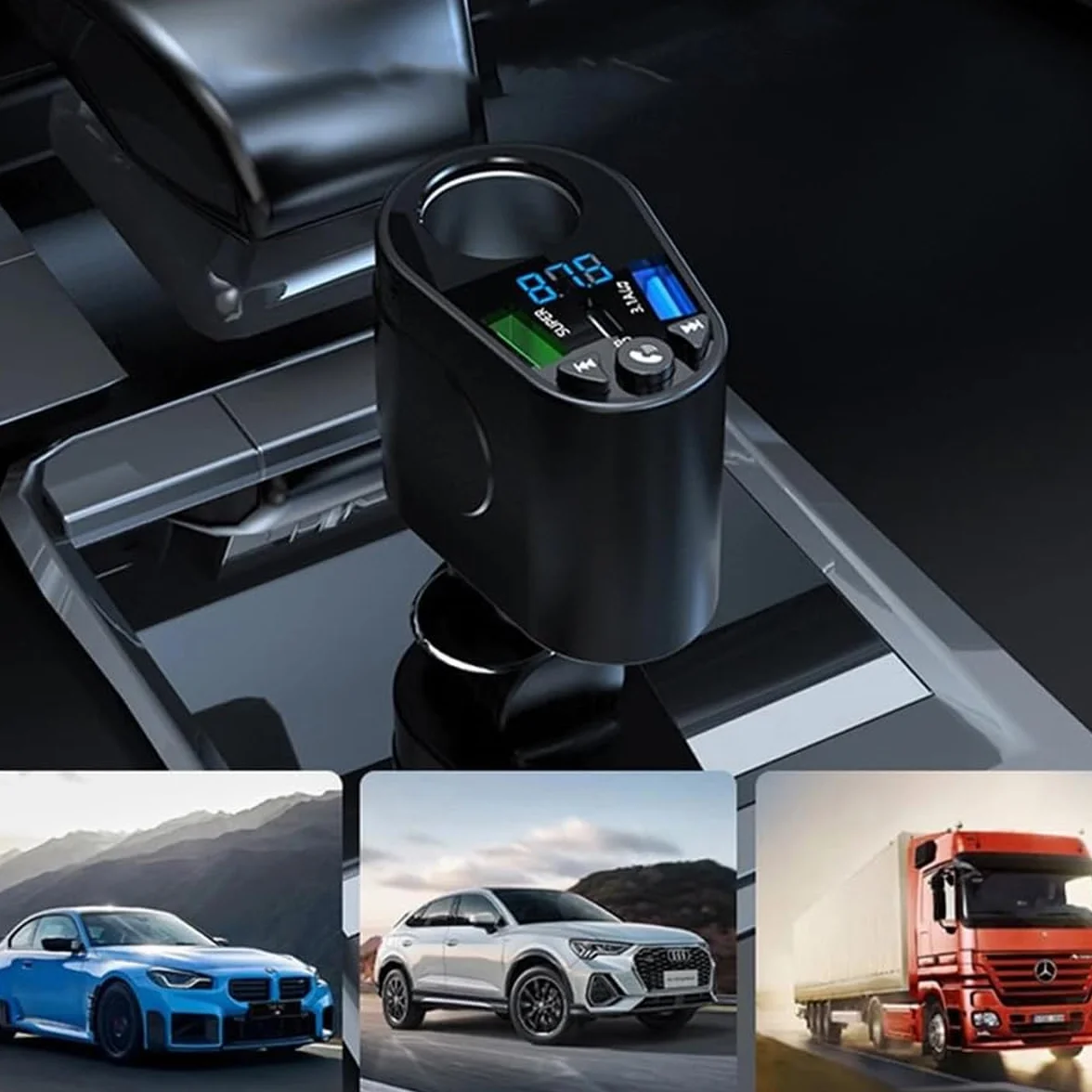 Ubric Transmiter FM Auto Bluetooth PD typ C szybka ładowarka do gniazda zapalniczki samochodowej, wskaźnik napięcia