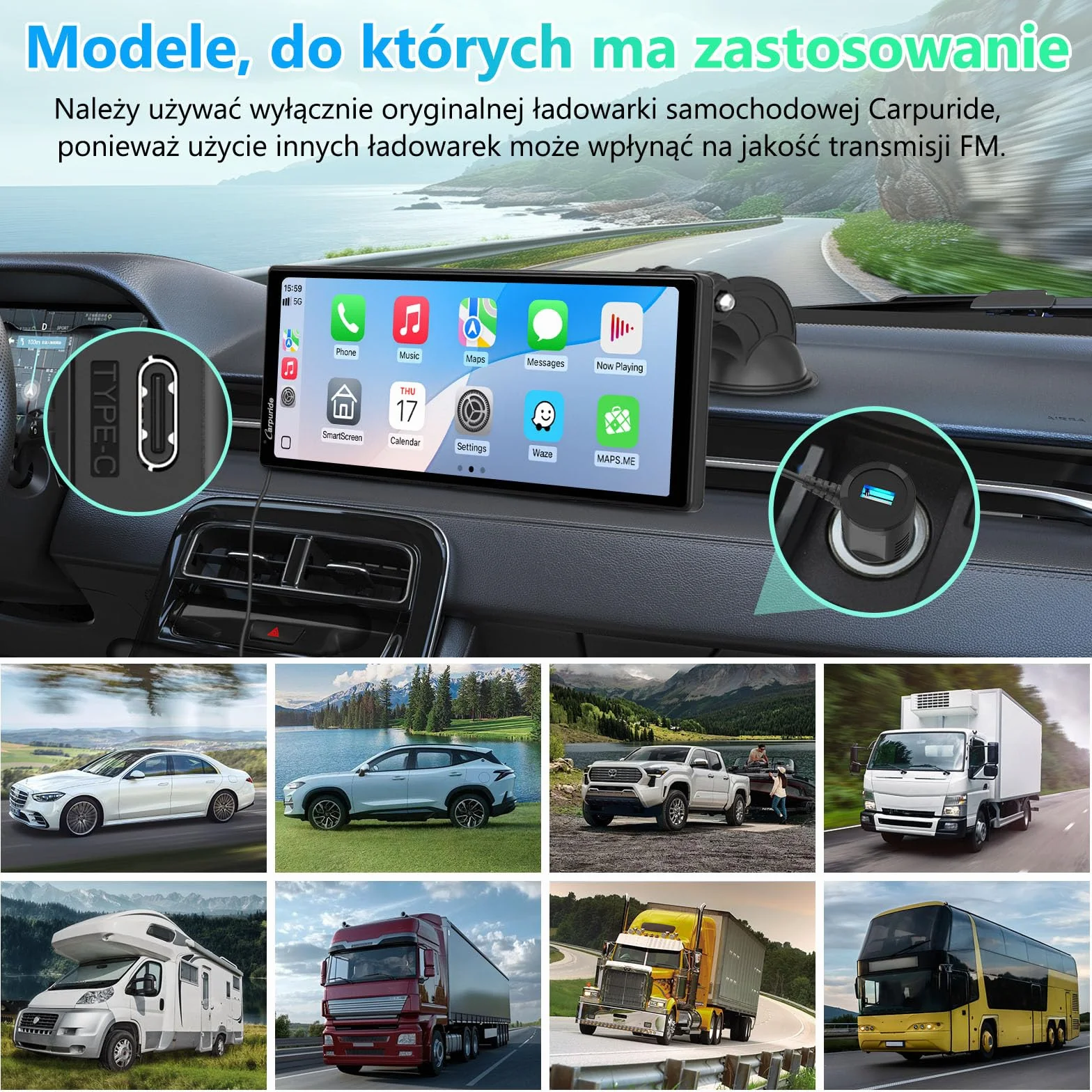 Przenośny ekran Carplay, Carpuride V92R Wireless Carplay i Android Auto, 10,26-calowy ekran dotykowy HD 1080P z prawdziwą kamerą cofania 720P / BT 5.0/Mirror Link Support Truck RV Dash Mount