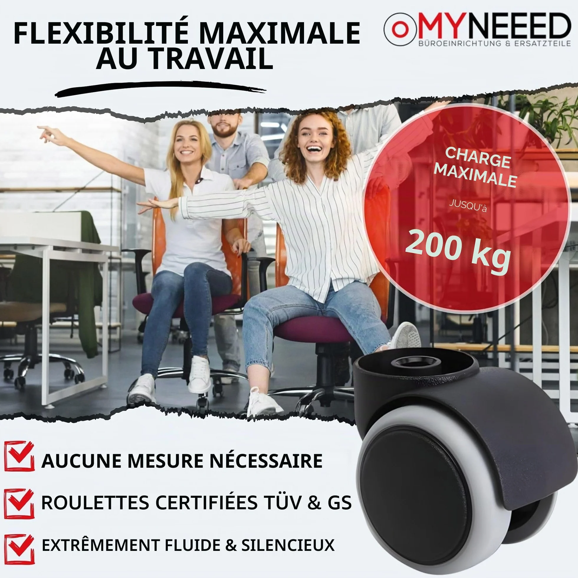 Roulettes pour sols durs 10 mm/11 mm pour toutes les marques de chaises de bureau – Roulettes résistantes sans goupille pour sols stratifiés, parquets, carrelages – Sans rayures et silencieuses