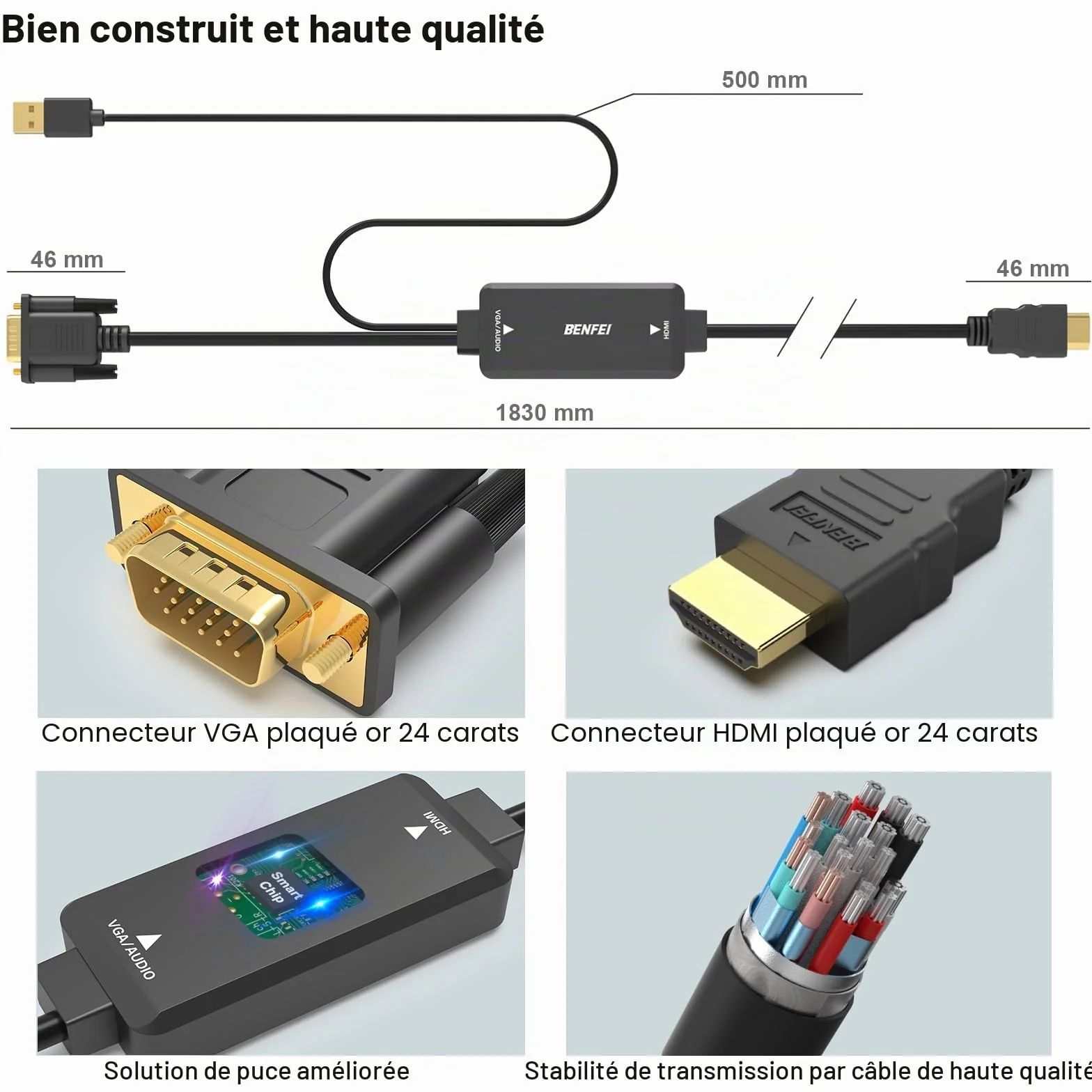 BENFEI Câble VGA vers HDMI 1.8M 1080P avec prise en charge audio