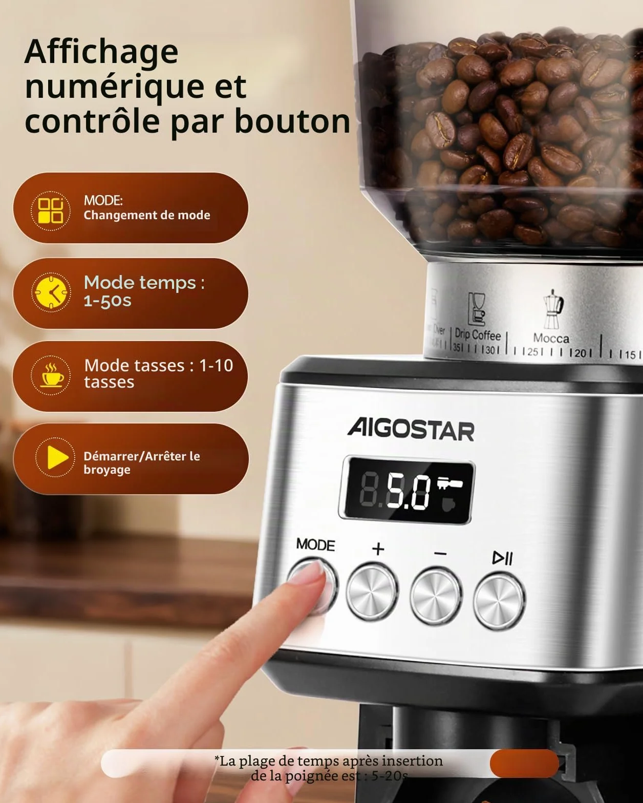 Aigostar Moulin à Café Electrique Conique, 52 Réglages de Meulage, Coffee Grinder Electrique Pour Expresso, Broyeur Cafe Grain Professionnelle Avec Affichage Numérique Précis, Acier Inoxydable, Argent