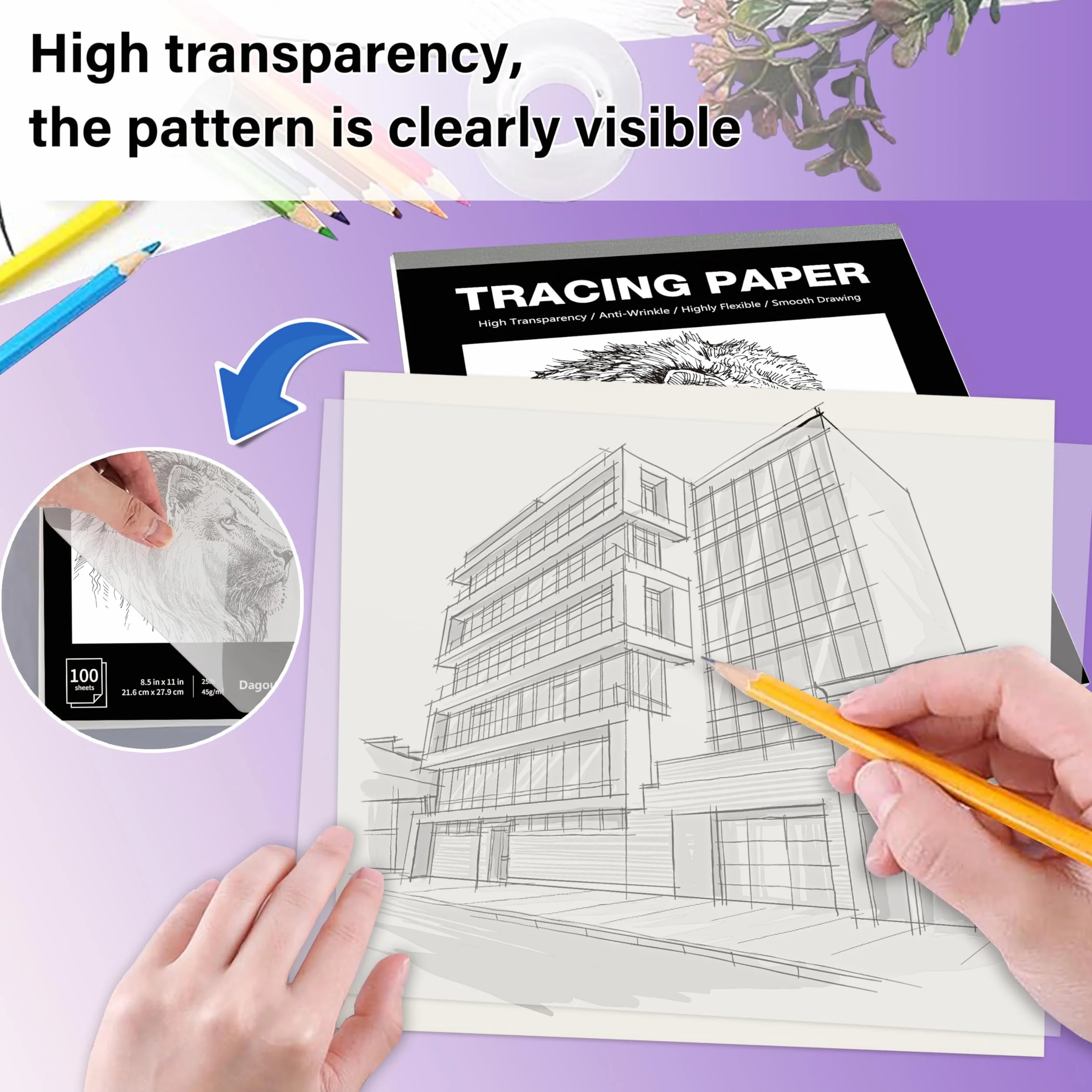 DagouColor Papier Calque 100 Feuilles Tracing Paper 21.6 x 27.9 cm Pour Couture Croquis