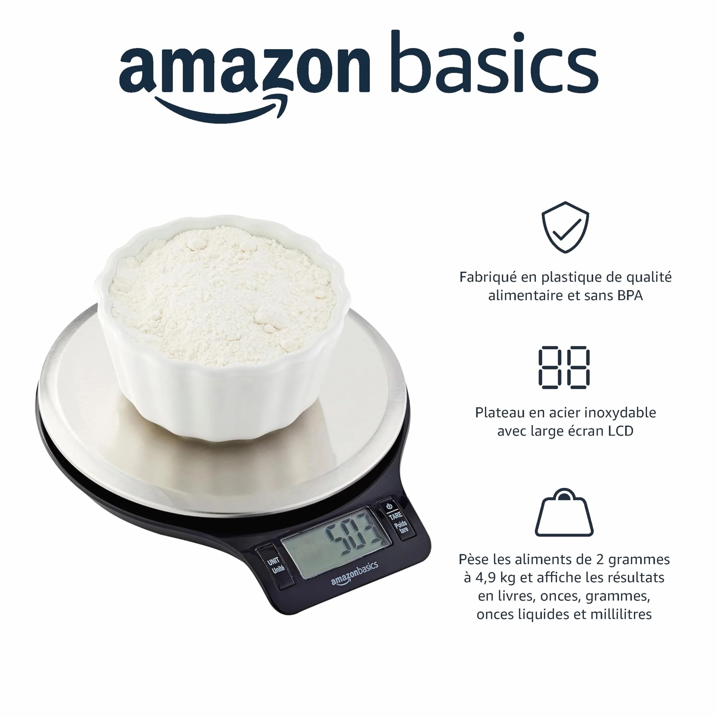 Amazon Basics Balance de cuisine numérique acier inoxydable affichage LCD Noir
