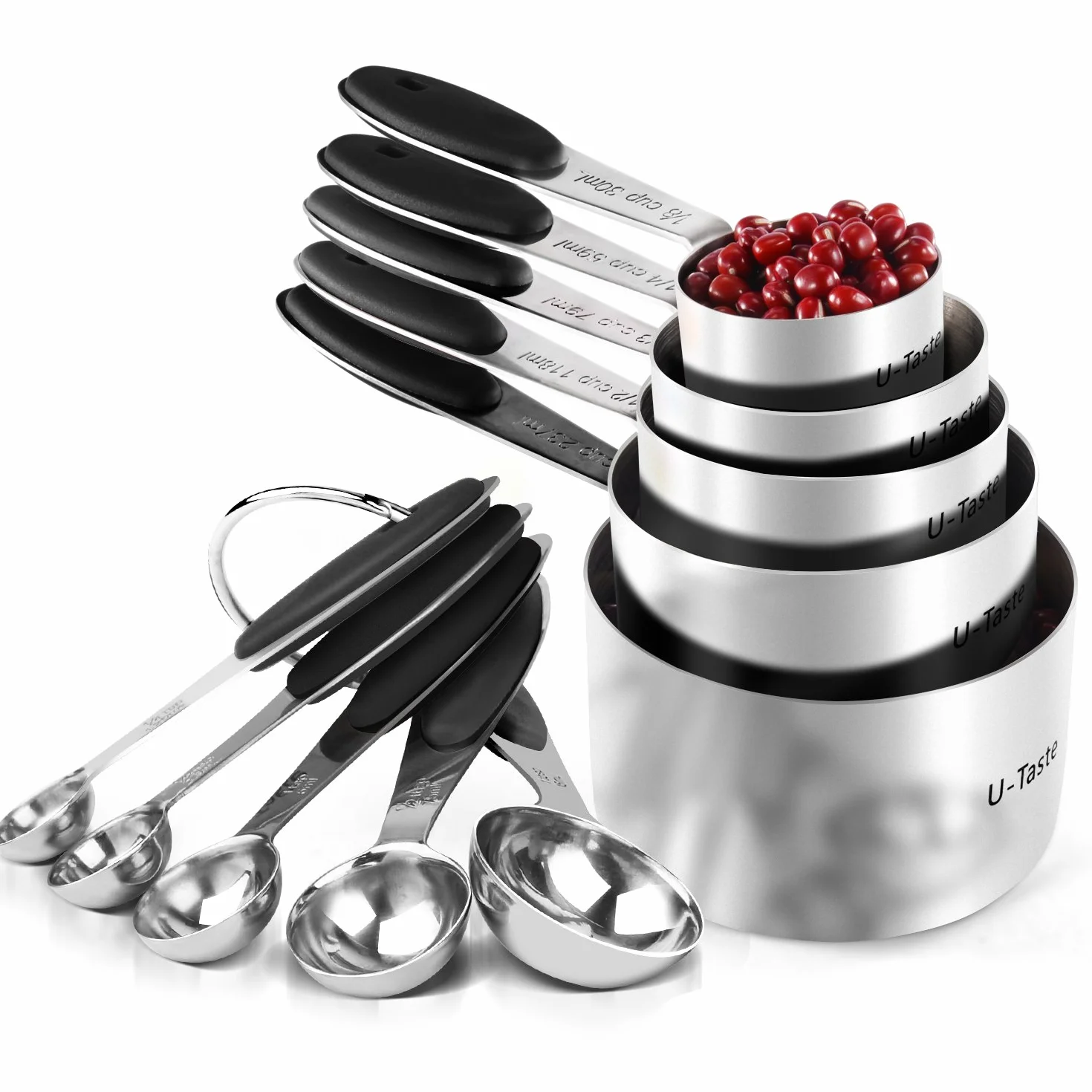U-Taste Lot de 10 tasses et cuillères à mesurer en acier inoxydable 18/8 noir