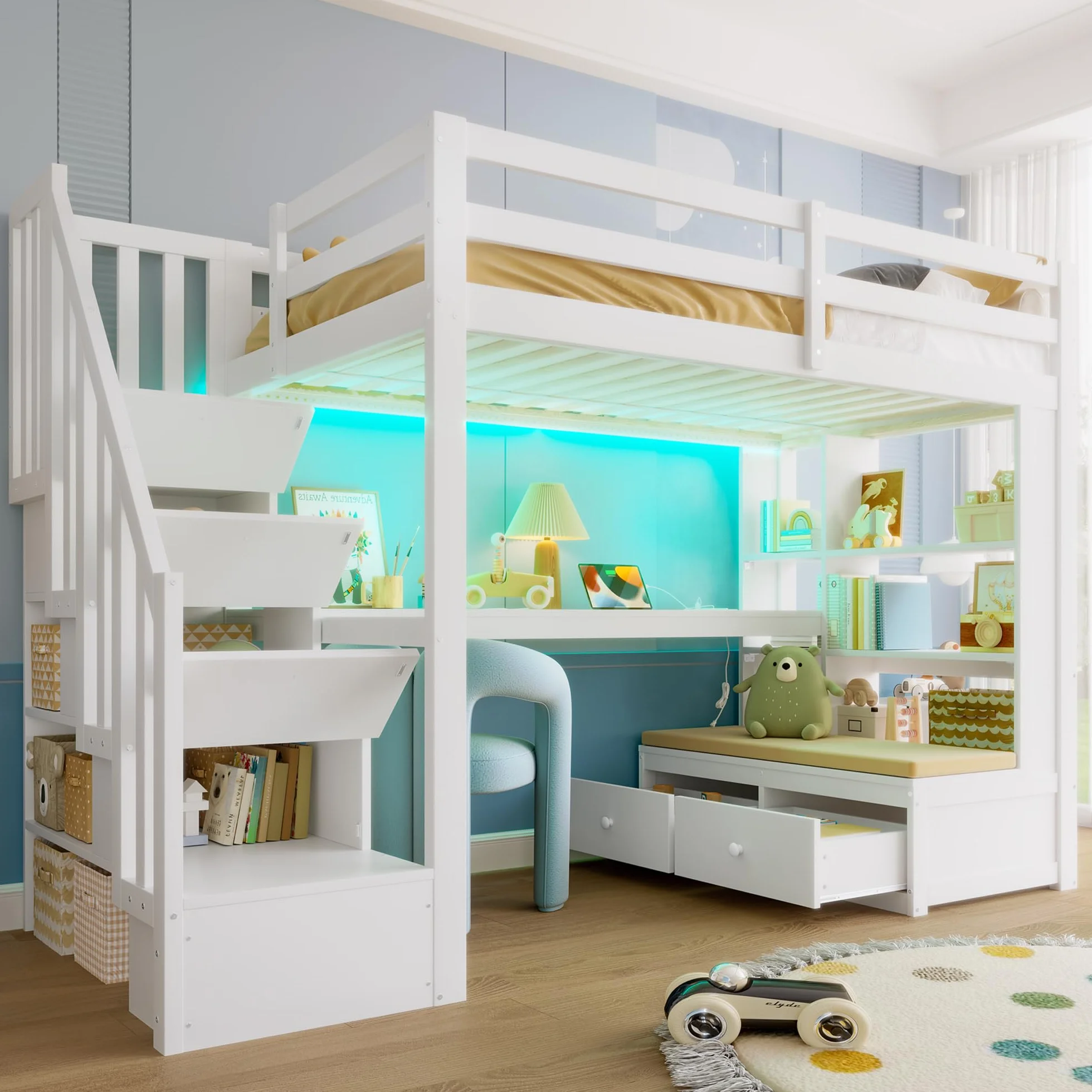 Sapgaks Lit Superposé Enfant 90x200 avec Bureau et étagères, Lit Cabane Enfants 90x200 avec Escalier de Rangement et 2 Tiroirs Intégrés, Lit Mezzanine 1 Place avec Barriere en Bois, Blanc