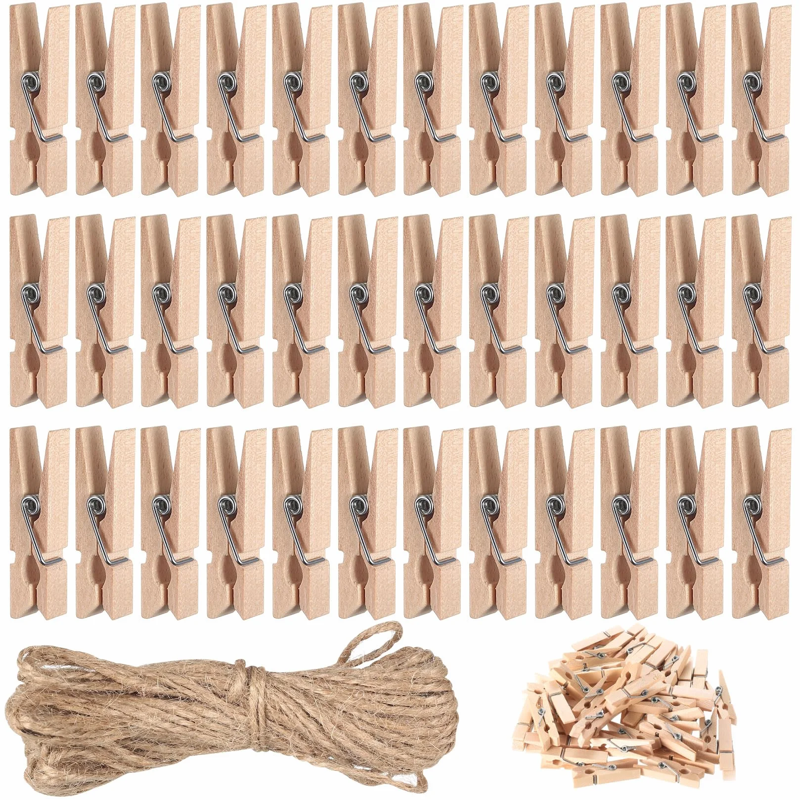 Pince à Linge Bois 3,5 cm 160 Pcs avec Ficelle Jute 10 m pour Photos Décorations Bricolage