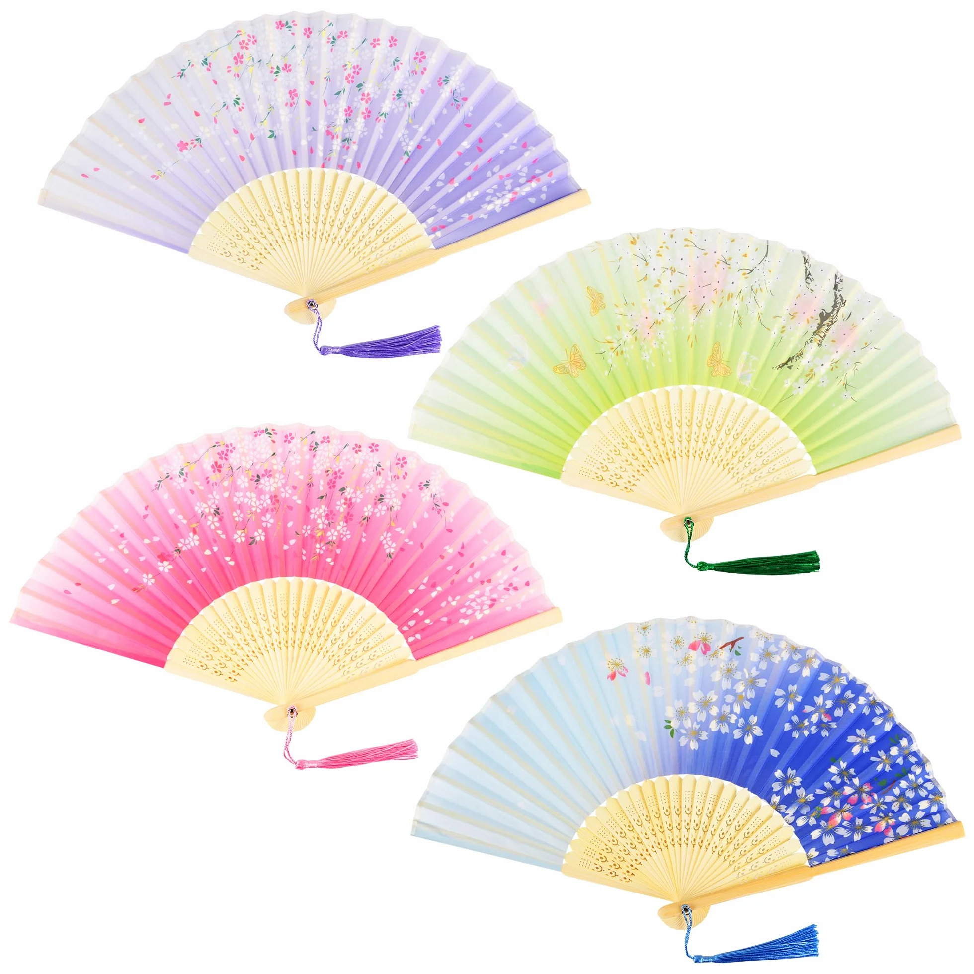 Japonais Éventail Tissu Bois Plié Chinois Soie Bambou Frange Mini Lot de 4