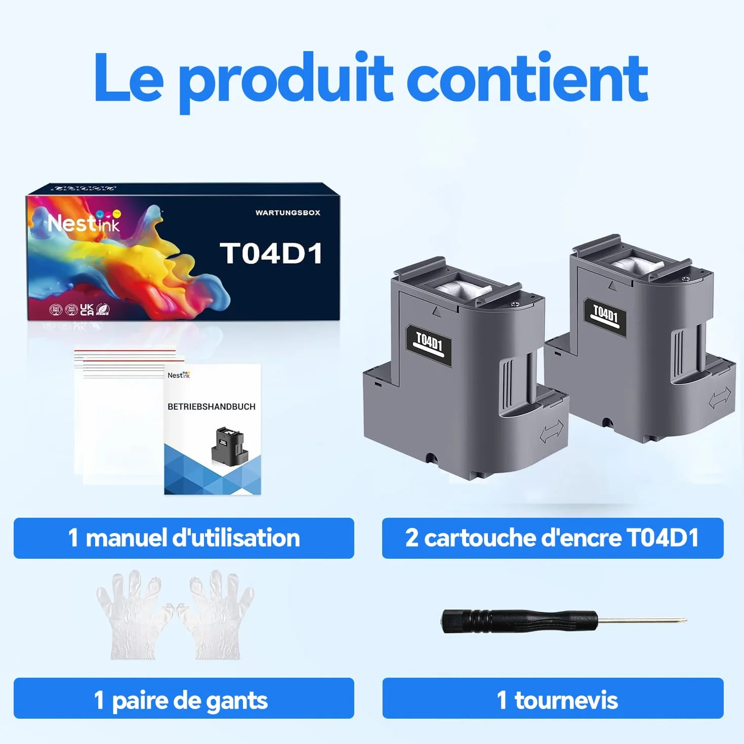 Boîte d'entretien compatible Epson EcoTank T04D1 (C13T04D100) lot de 2 pour ET-15000 ET-3850 ET-4850 WF-2960 XP-5200