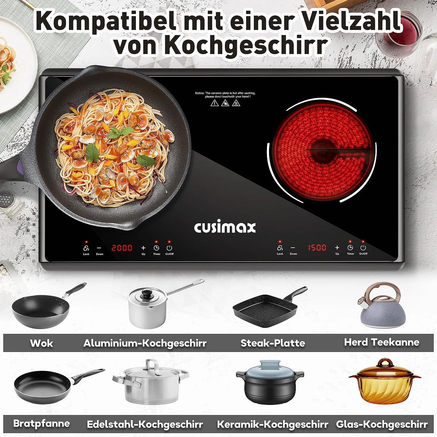 CUSIMAX Plaque de cuisson infrarouge 3500 W en acier inoxydable, 2 plaques électriques avec écran LED, minuterie, contrôle tactile, protection enfant, noir