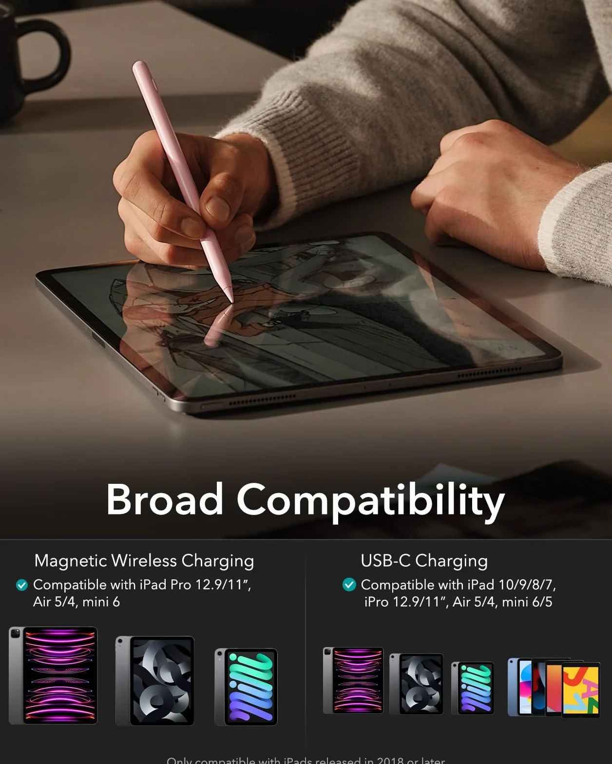 ESR Rysik do iPada, magnetyczny rysik 2. generacji do bezprzewodowego ładowania, z czułością nachylenia i odrzuceniem dłoni do Apple iPad Pro 12.9/11, iPad Air 5/4 i iPad mini 6, różowy