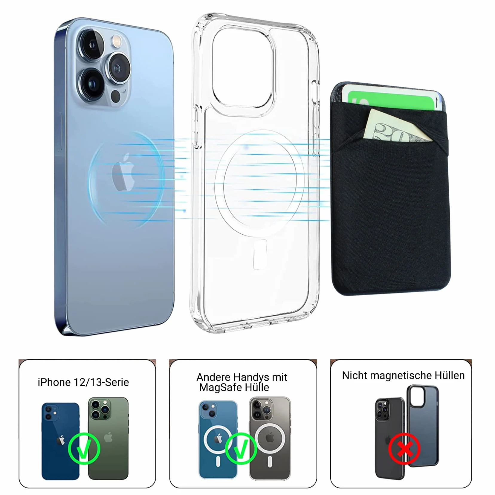 Magnetyczny portfel do Mag-Safe, etui na karty, kompatybilne z iPhone 14, 13 i 12 Pro Max Plus, magnetyczne etui, akcesoria, uchwyt na karty, czarny