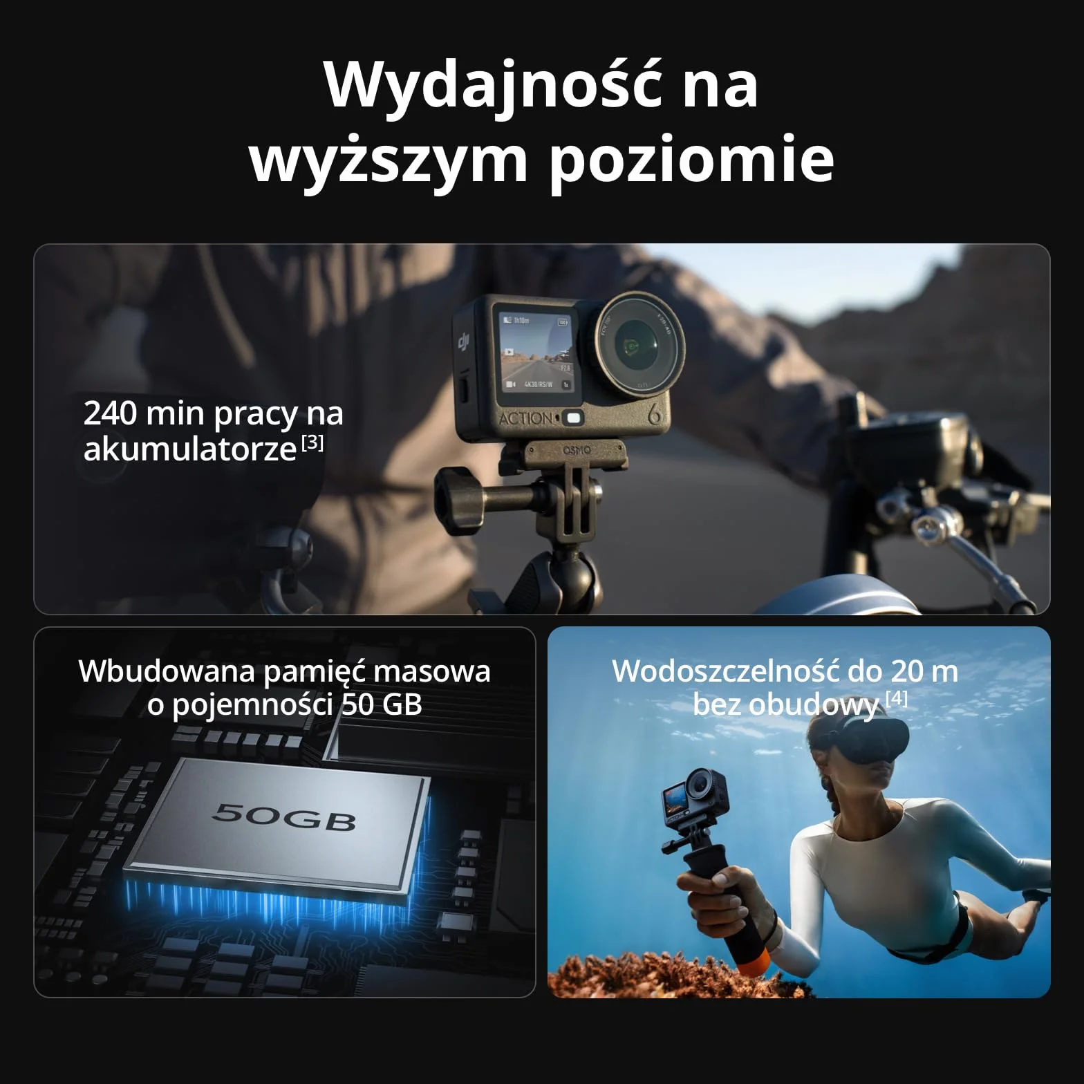 DJI Osmo Action 6 Essential Combo, podwodna kamera sportowa z matrycą kwadratową 1/1,1″ i pamięcią 50 GB, zmienną przysłoną f/2,0–f/4,0, odporna na zimno, 4 godziny pracy na akumulatorze, 8K