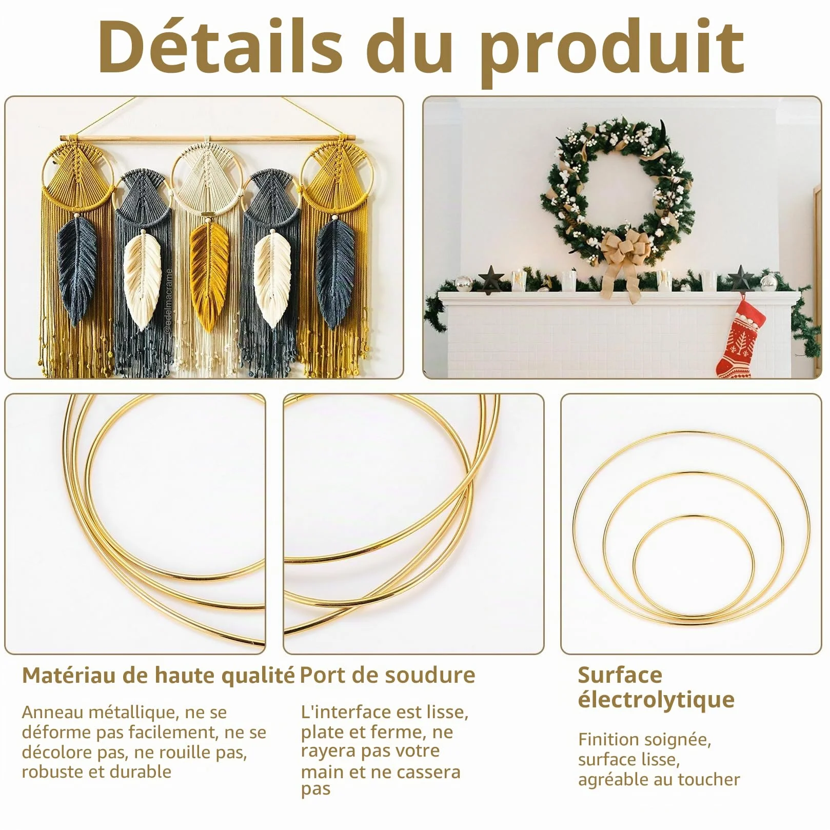 Cercle Métal Doré 10/15/20cm Attrape-Rêve Macramé DIY Décoration