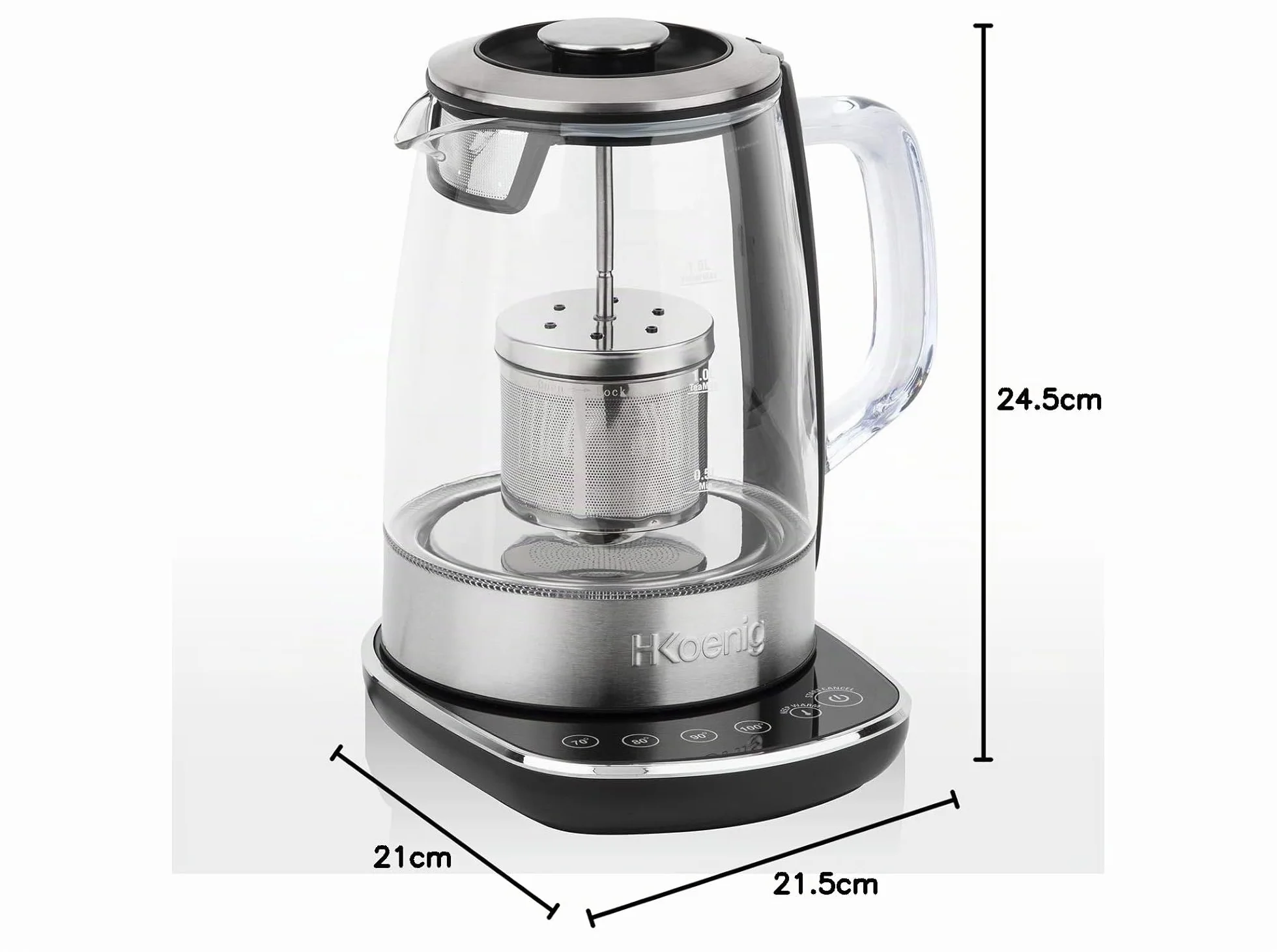 H.Koenig Théière Bouilloire Instant T électrique en Verre 1.5L TI600 avec Infuseur filtre à Thé Inox 2200W Compacte, Ebullition rapide, Thermostat Réglable 70° à 100°C, Maintien au chaud, 2couvercles