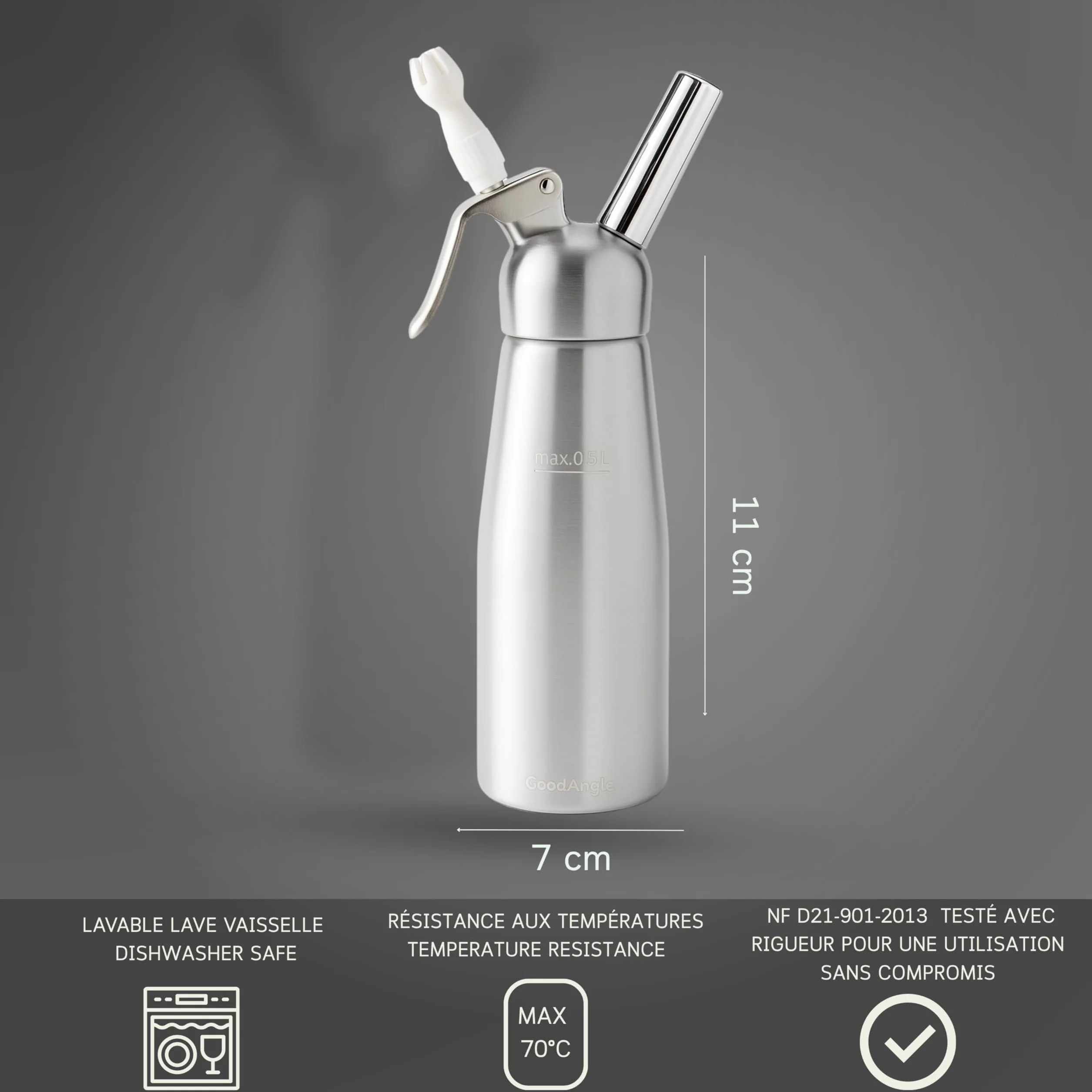 MASTRAD Siphon 0,5L en Aluminium Anodisé Piston Inox Démontable 3 Douilles Décoratives Brosse de Nettoyage