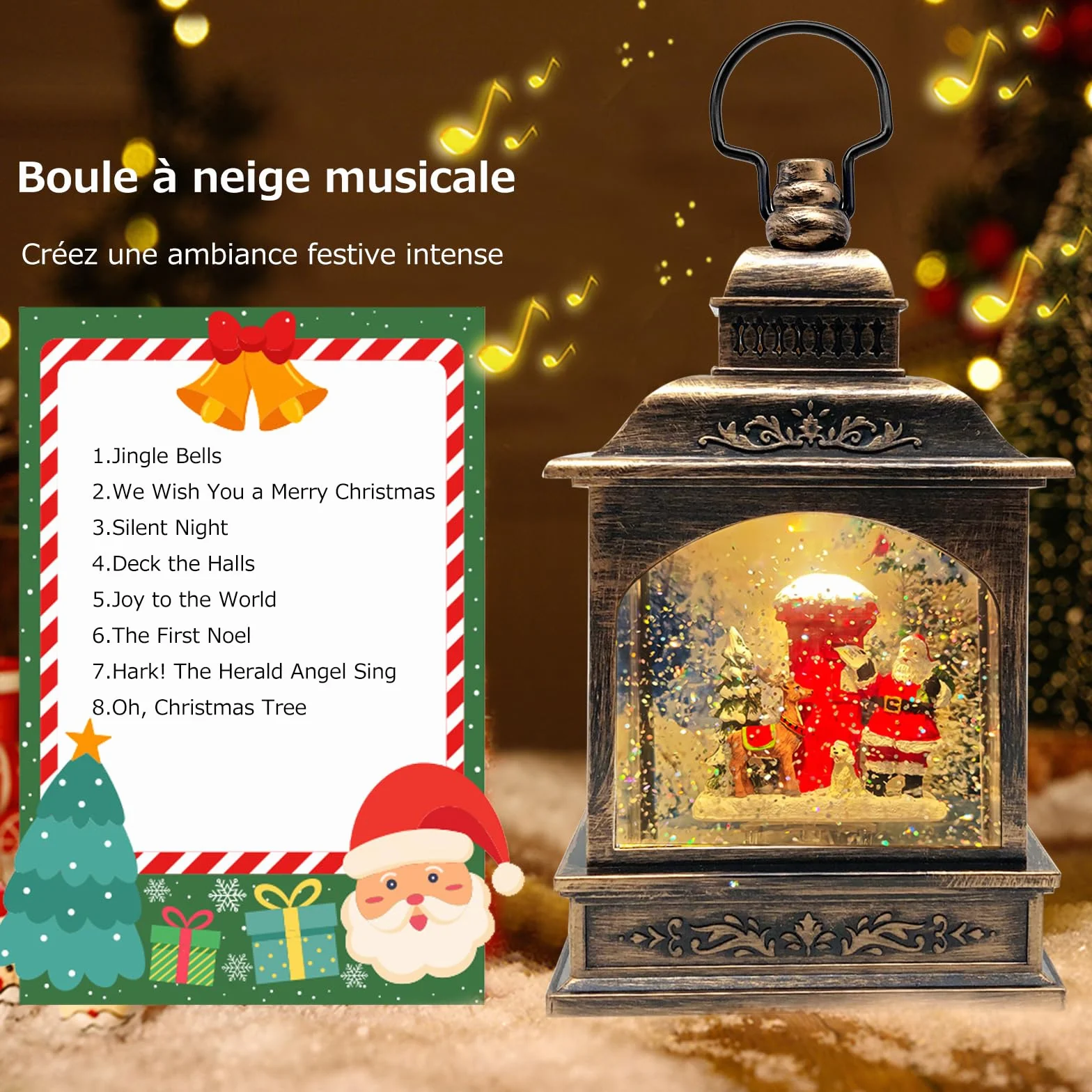 Lanterne Boule à Neige de Noël, illuminée et Musicale avec minuterie, Lanterne rotative du Père avec Projection, décoration de Scintillante, Cadeau (Père Noël + boîte aux Lettres)