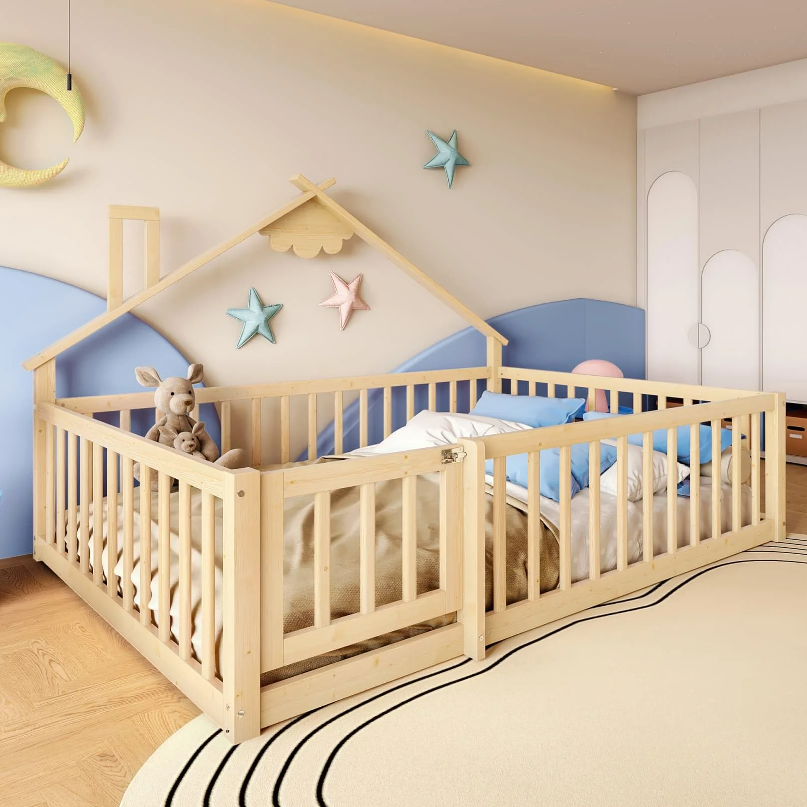 Lit Au Sol Enfant 140x190cm,Lit Cabane Enfant Montessori avec Design Cabine Distinctif,Porte,Barrières Hautes,Sommier à Lattes Solide,pour Enfants,Pin (A-Naturel, 140x190)