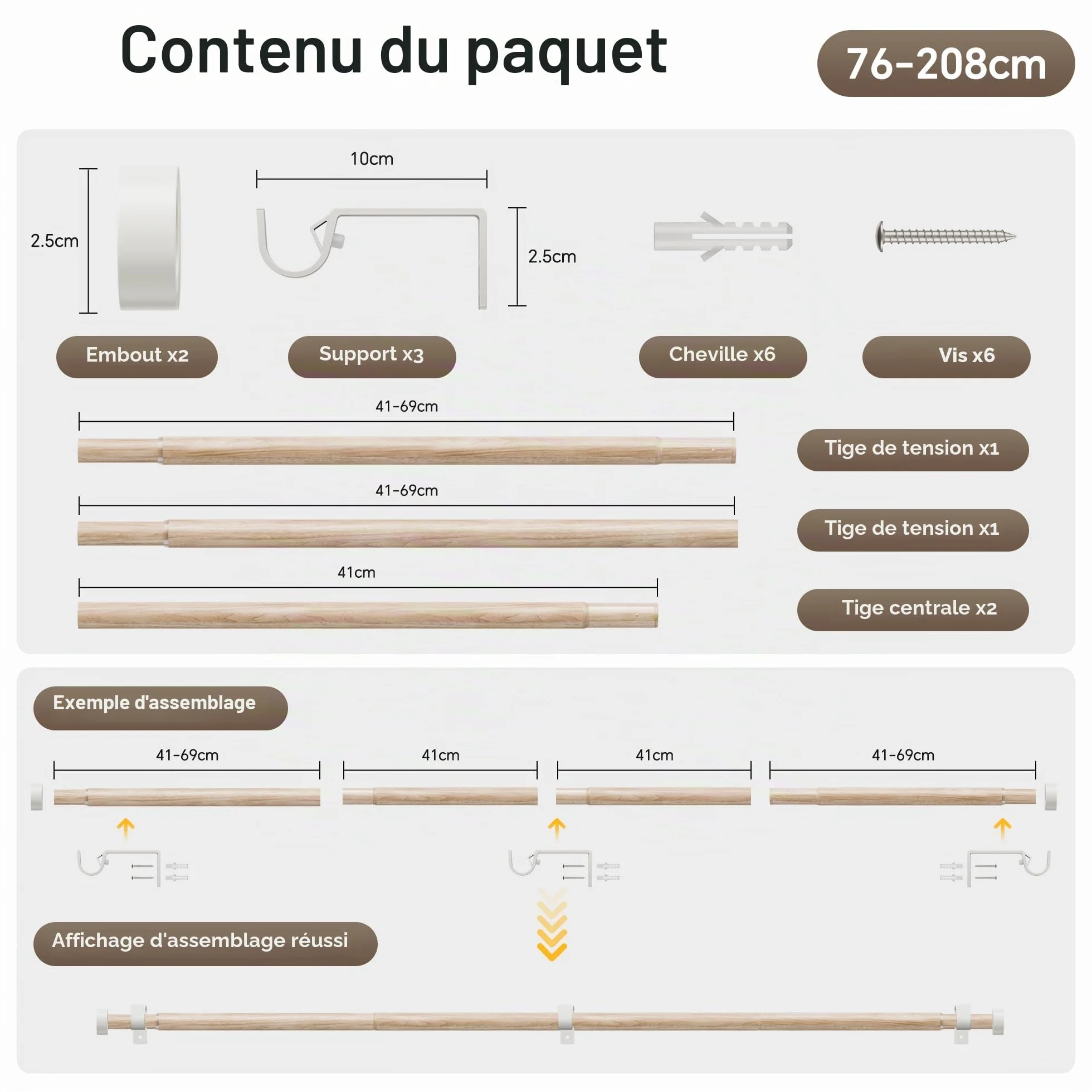 Tringle Rideau Grain de Bois 76-208 CM, Extensible 19 MM avec Embout Blanc, Métallique pour Rideaux à Œillets