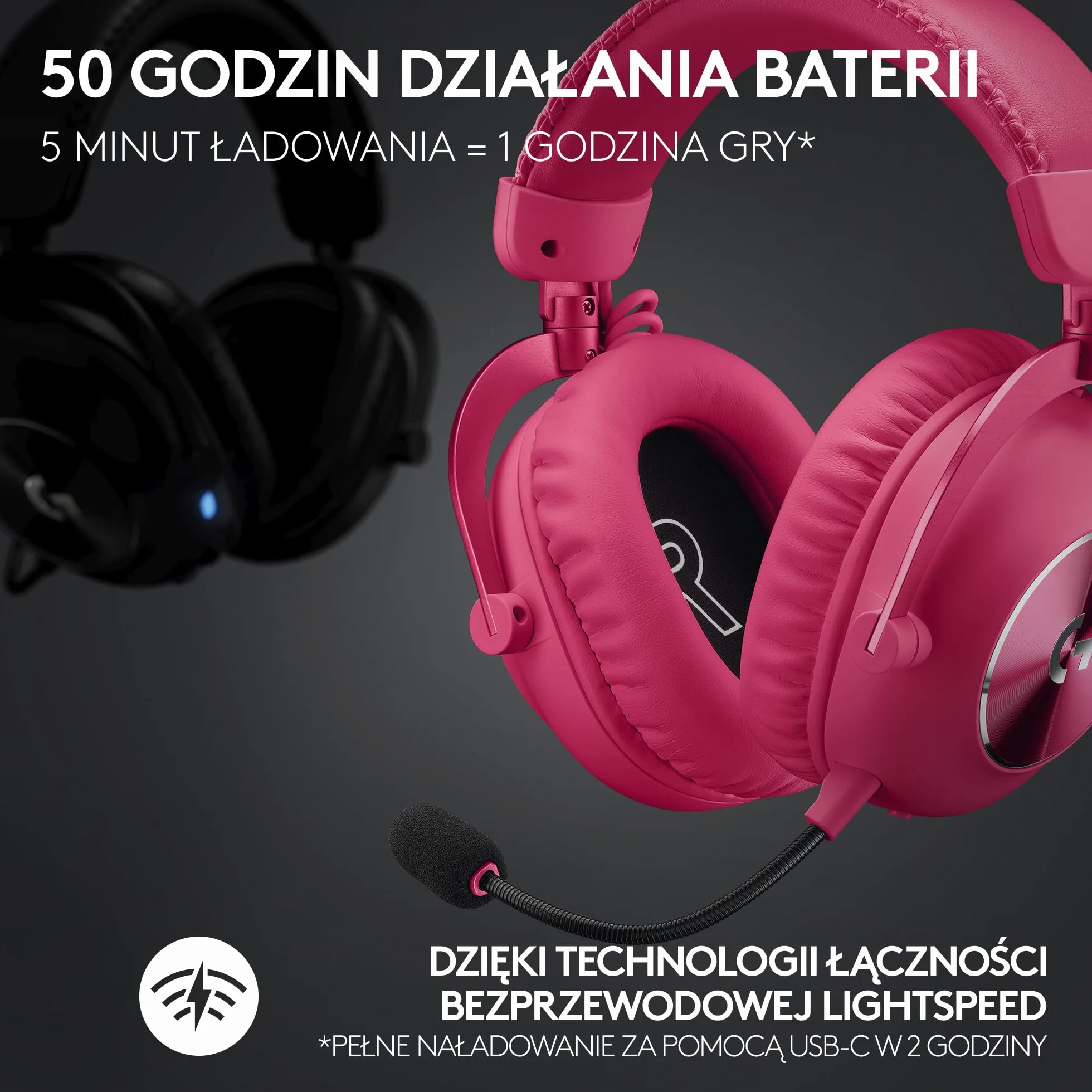 Logitech G PRO X 2 LIGHTSPEED, bezprzewodowe słuchawki, odłączane ramię mikrofonu, grafenowe 50 mm, DTS:X 2.0–7.1 Surround, Bluetooth/USB/Aux 3,5 mm, PC, PS5, PS4, Nintendo Switch - Magenta