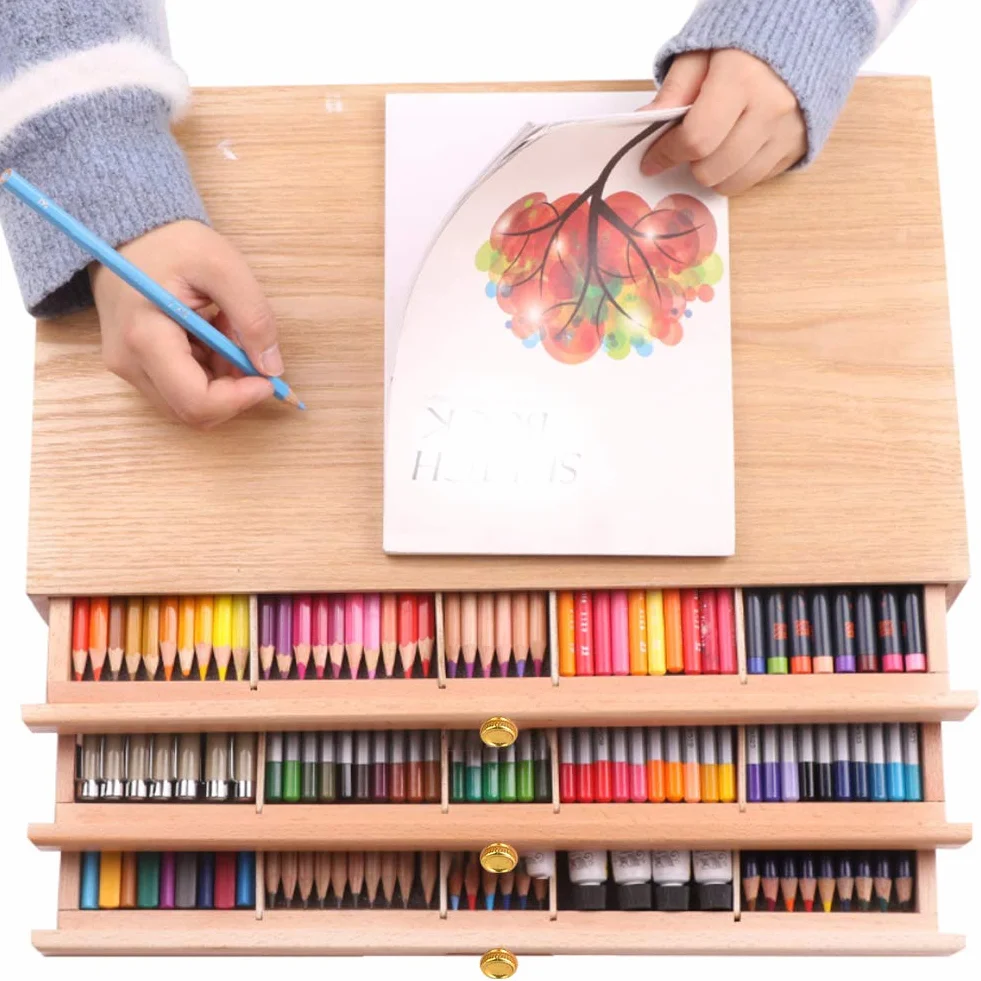 Outil de dessin à 3 tiroirs, boîte de rangement en bois de hêtre pour artistes, organiseur d’accessoires de peinture pigmentaire pour pastels crayons stylos marqueurs