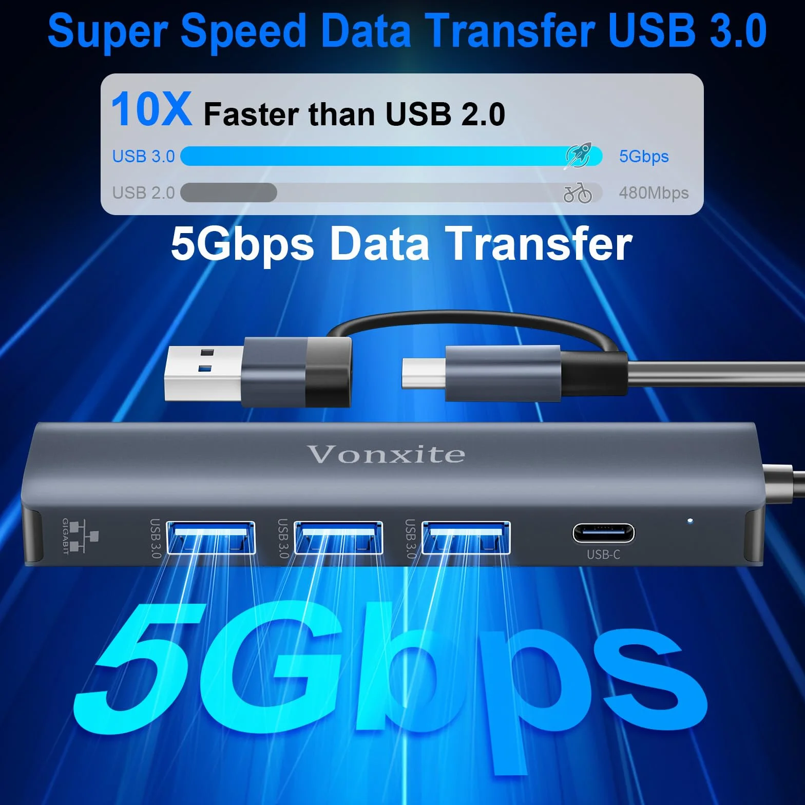 Adaptateur USB Ethernet 5 en 1 Type-C vers RJ45 Gigabit 1000 Mbps HUB LAN 3 Ports USB 3.0