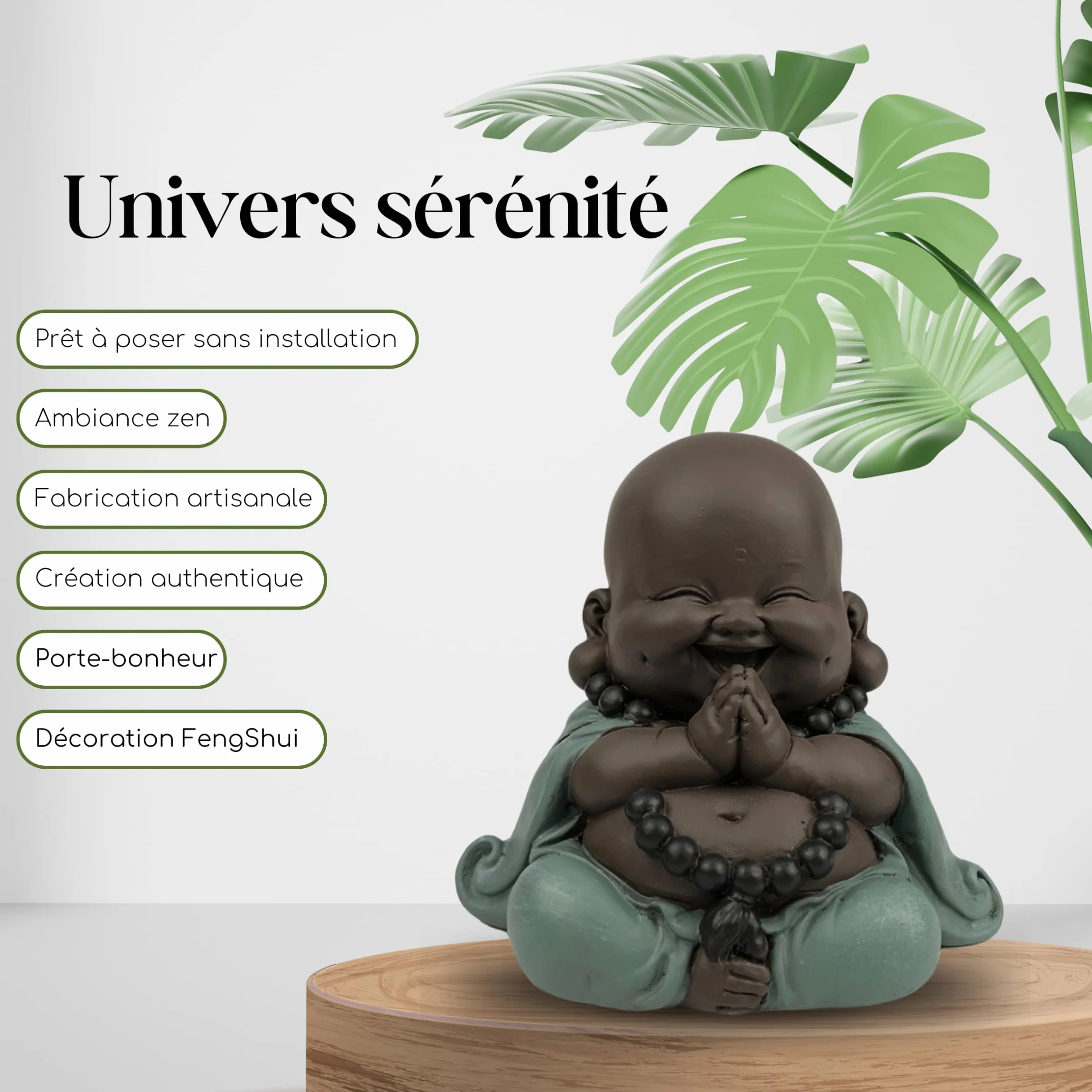 Statue Bouddha Rieur Porte Bonheur Décoration Feng Shui Zen 9cm Vert Marron Zen'Light