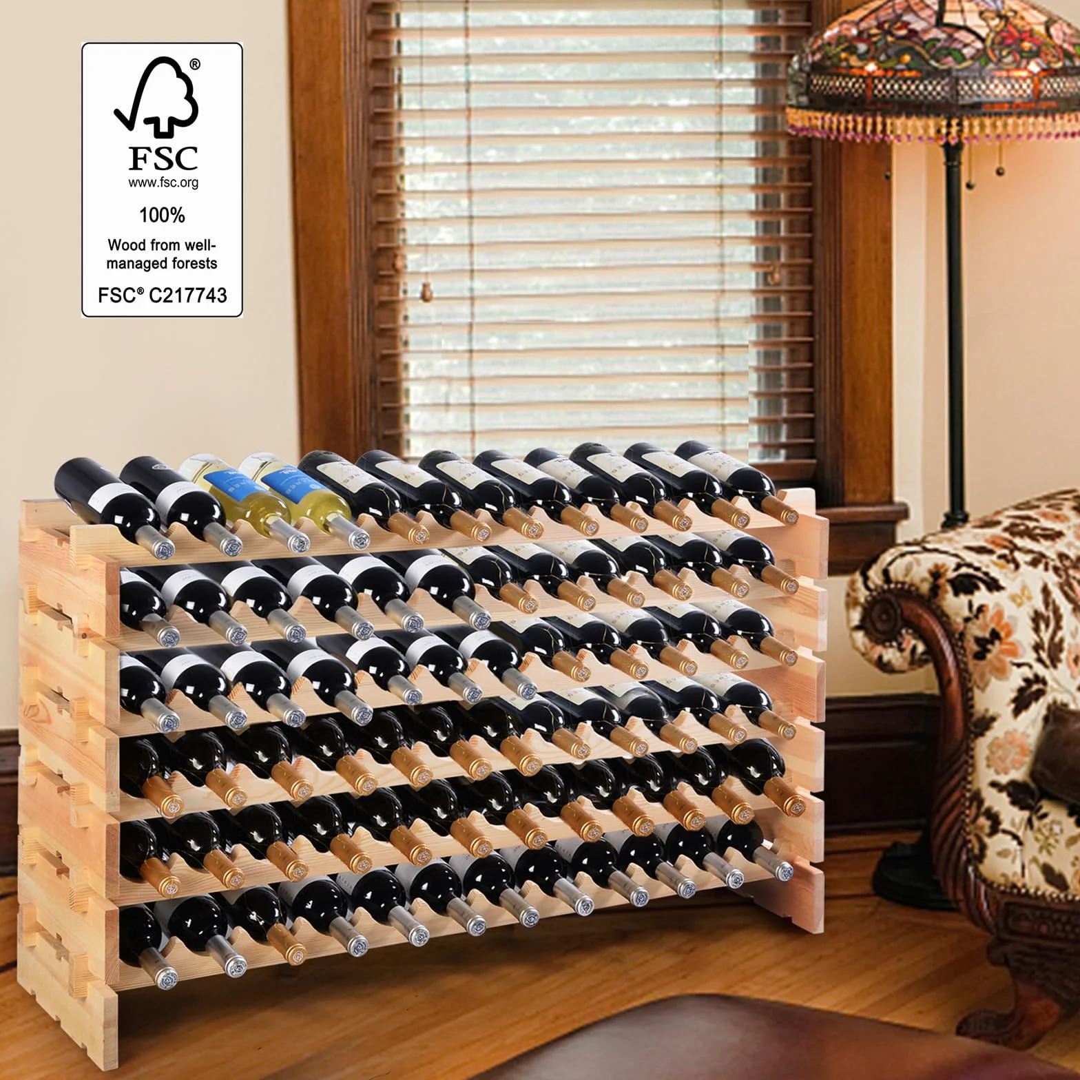 COSTWAY Casier à Bouteilles pour 72 Bouteilles, Étagère à Vin en Bois de Pin, Porte-Bouteilles à 6 Niveaux Modulable et Extensible, Range Bouteille Robustes pour Cave, Cuisine, Bars, Naturel