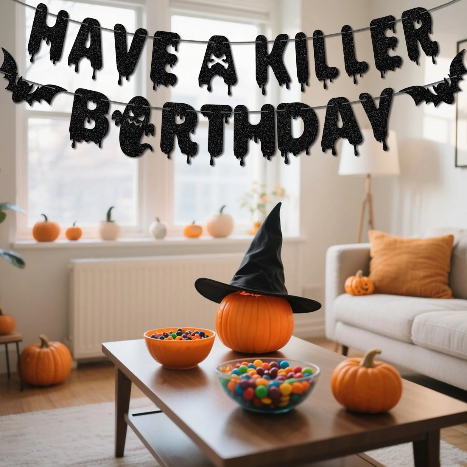 Banderole d'Anniversaire Have a Killer Pré-Montée Motif Chauve-Souris Décoration Halloween Guirlande Suspendue (Noir)