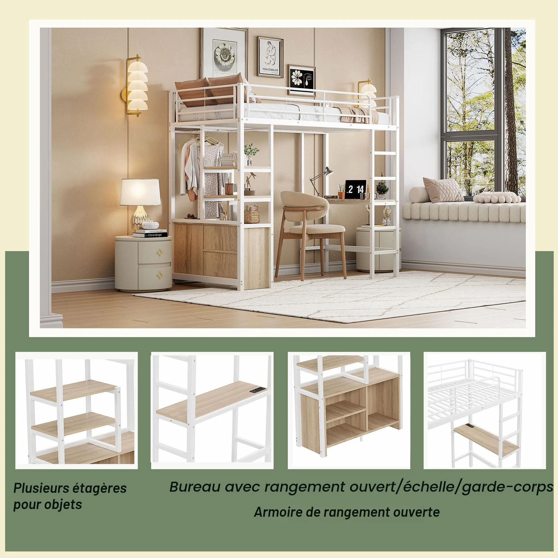 Lit Mezzanine 1 Place 90x200 cm avec USB, Lit Enfant en Métal avec Armoire de Rangement Ouverte, Lit Mezzanine Enfant avec Bureau et Plusieurs étagères, Lit en Hauteur avec échelle et Balustrade