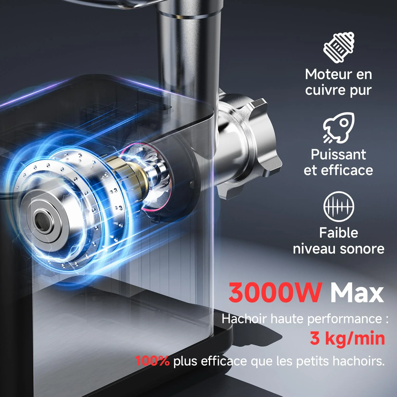 AAOBOSI Hachoir À Viande Électrique [3000W Max] - Avec Écran LED & 9 Réglages de Vitesse - Récipient de Stockage Intégré - Accessoires à Trancher, Saucisses et Kibbe Inclus - Pour Usage Domestique