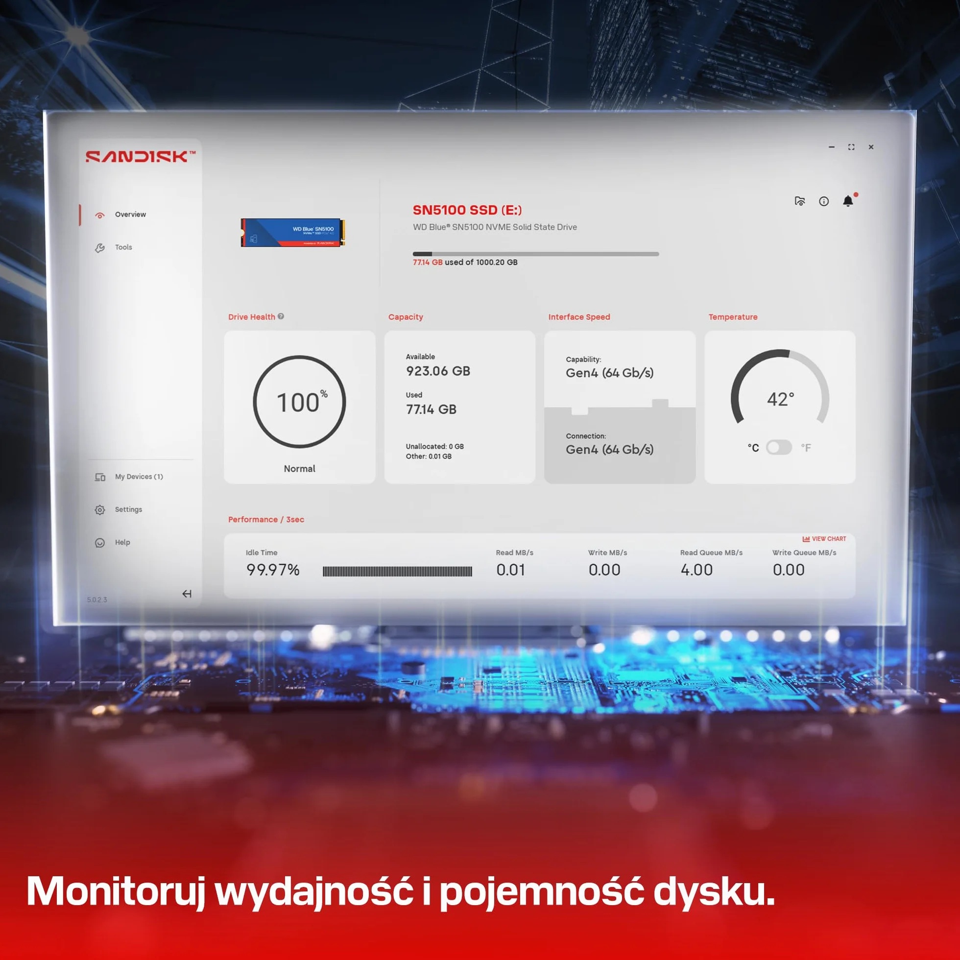 WD Blue SN5100 500 GB NVMe SSD (odczyt do 6 600 MB/s, M.2 2280, PCIe Gen 4.0, nCache 4.0, technologia Sandisk 3D CBA NAND, oprogramowanie do migracji danych Acronis True Image)