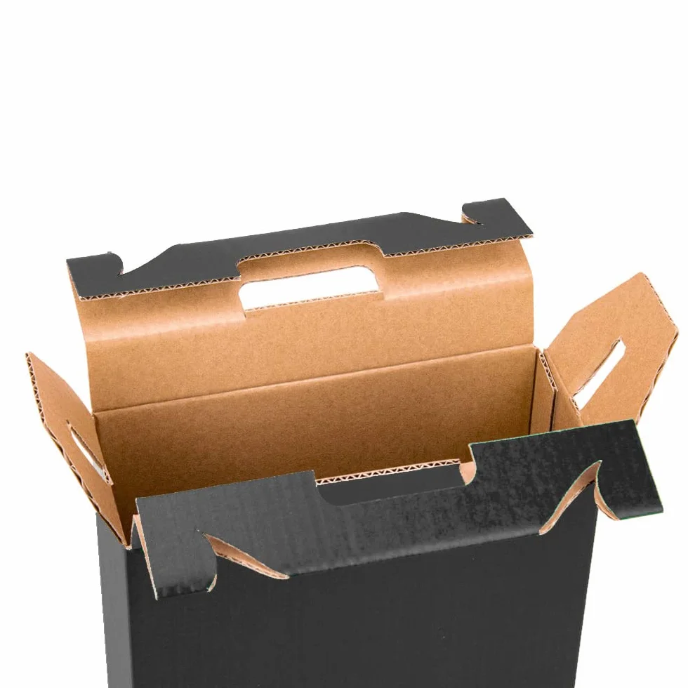 Lot de 10 boîtes en carton pour 3 bouteilles de vin, cava, champagne ou liqueur noir. Modèle automontable de boîte avec fenêtre pour emballage bouteilles très original.