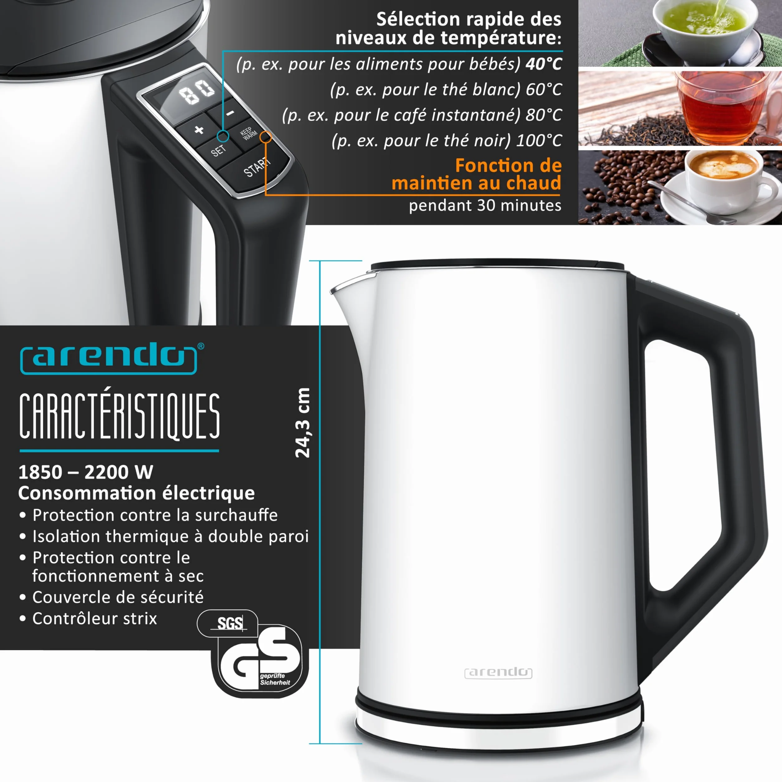 Arendo Ensembles Bouilloire et grille-pain et cuiseur à oeufs Bouilloire en inox 1,5L 40°-100°C, Toaster 2 Tranches Ecran LED 6 niveaux de brunissage Cuiseur à oeufs 1-6 oeufs, Verre doseur, Blanc