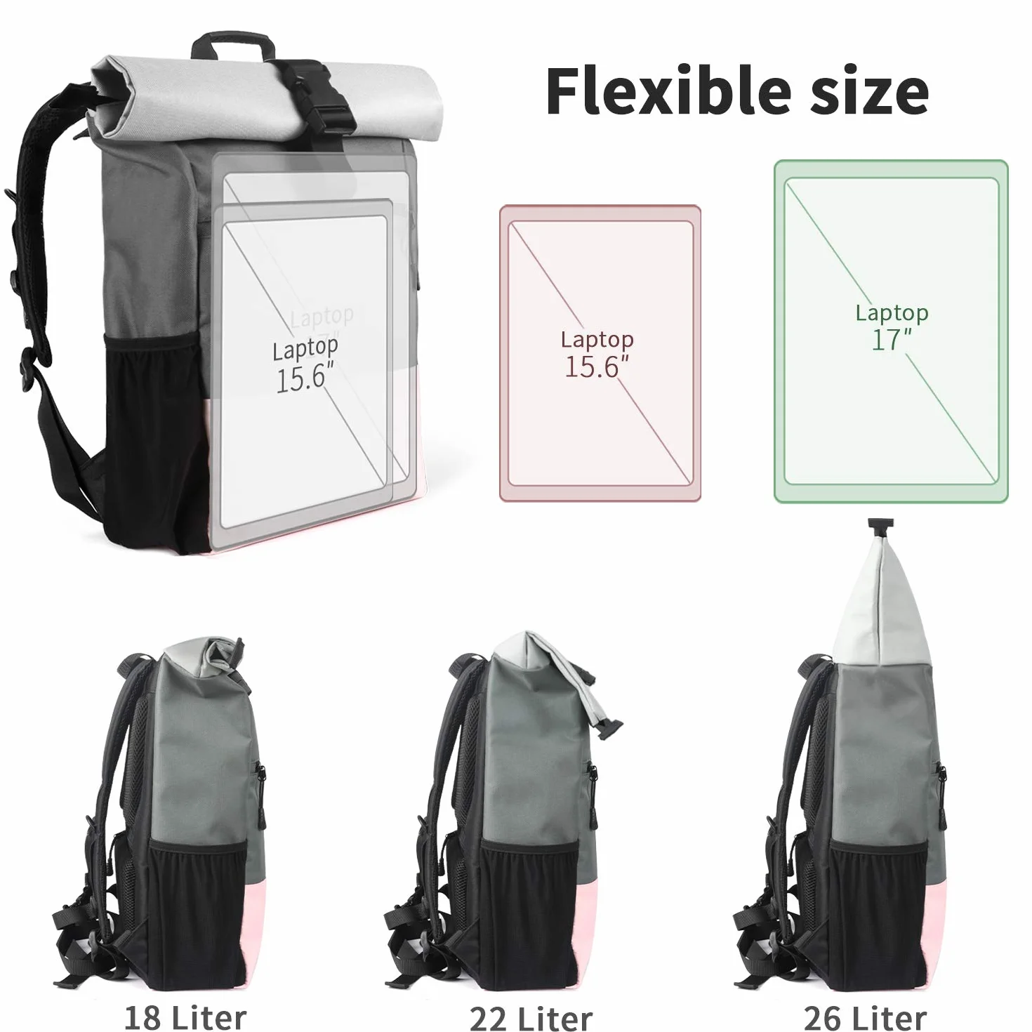 Plecak Rolltop Women, plecak na laptopa do laptopa 17,3 cala, plecak szkolny dla nastolatki z portem ładowania USB do pracy, uniwersytetu, szkoły, podróży, plecak sportowy (różowy szary-26L)