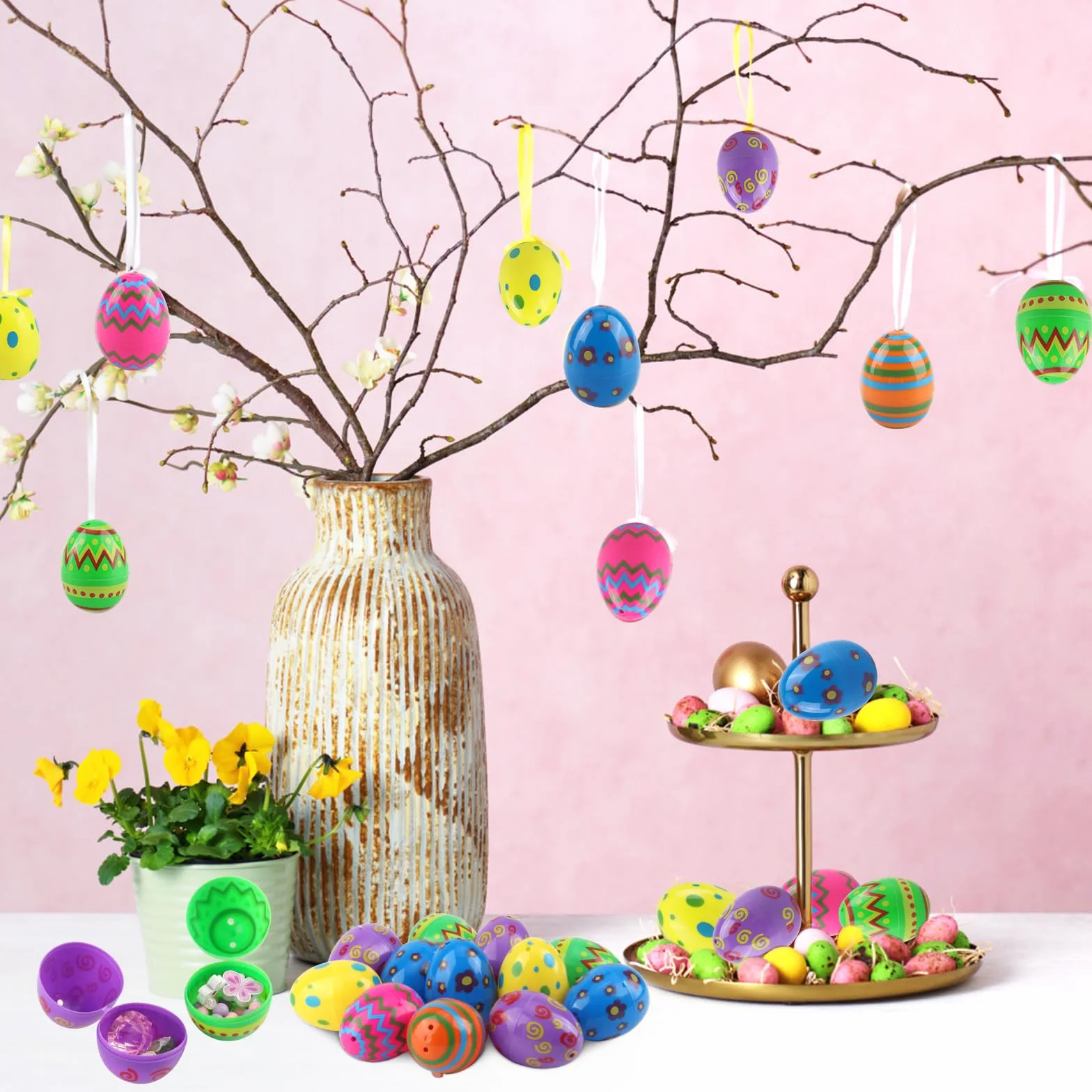 Oeufs de Pâques en Plastique 36 Pièces Imprimés Brillants pour Chasse Cadeaux Fête