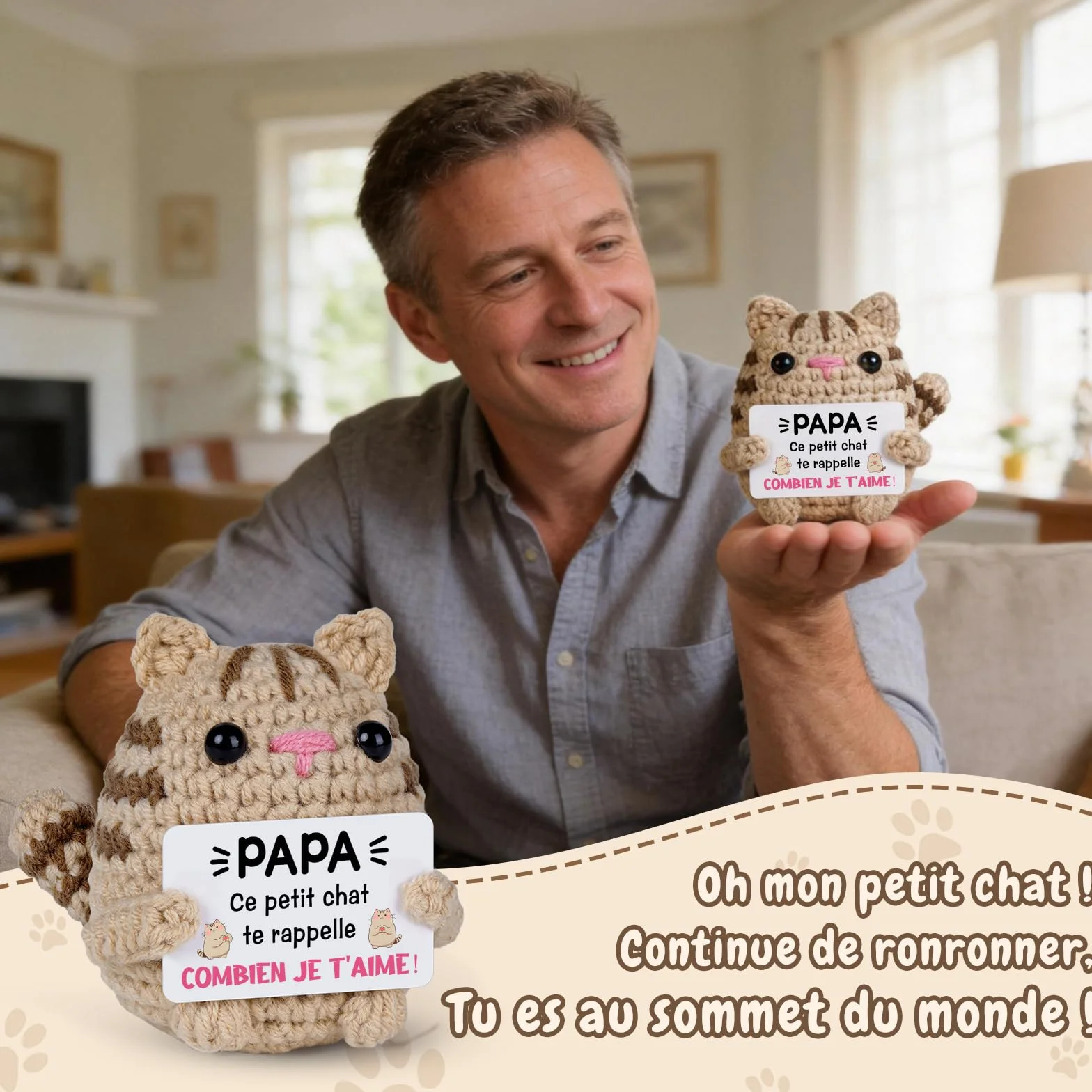 Chat au Crochet Cadeau Fete des Peres Papa 7x7x7.5cm