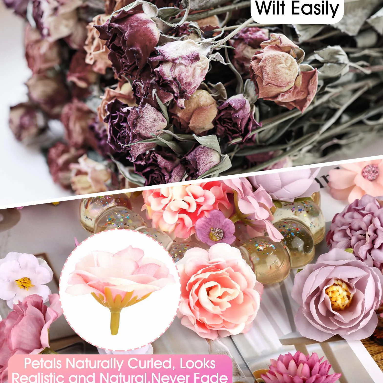 40 Pièces Fausse Fleur Artificielle Tete de Fleurs en Tissu Rose Violet Mélangée 10 Styles pour DIY Scrapbooking Guirlande Mariage Bouquet